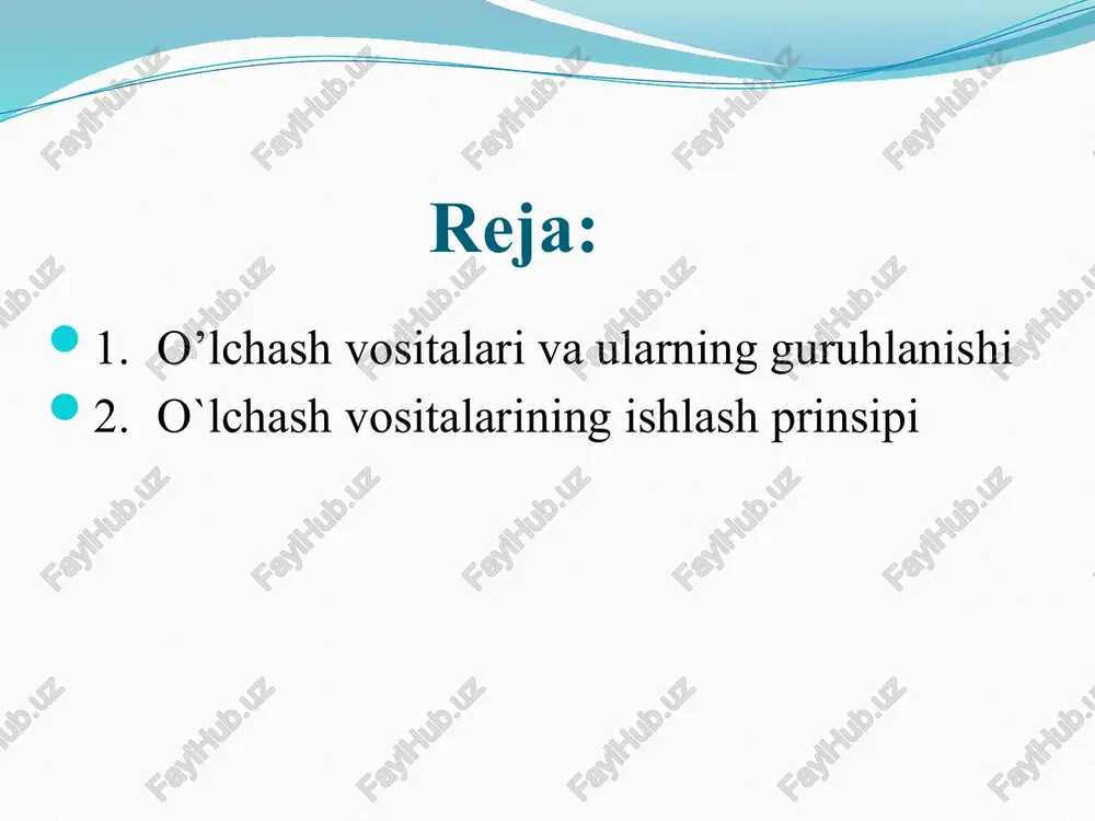 vositalari quyidagi turlarga bo'linadi: - xarorat bo'yicha o'vlari (termometr, termopara, qarshilik termometrlari - termorezistor) - satx bo'yicha o'vlari (urovnomerlar: ubp-urovnomer buykoviy pnevmaticheskiy, ultratovushli satx o'lchagichlar, radar – satx o'lchagichlar) - sarf bo'yicha o'vlari (hisoblagislar – rasxodomer – sarf o'lchagich) - bosim bo'yicha o'vlari (manomertlar) - fizik-kimyoviy o'vlari (gazanalizatorlar – havodagi zaxarli gaz kontsentratsiyasini aniqlovchi vositalar, kimyoviy modda miqdorlarini o'lchovchi vositalar: plotnomer dm-20, dm-40 (moddalar zichligi, oquvchanligi, foizlardagi mutanosibligi, qovushqoqligi) o'vlari birlamchi va ikkilamchi bloklardan tashkil topgan bo'ladi: birlamchi o'vlar – datchiklar, bevosita o'lchash jarayonida ishtirok etadi va olingan natijalarni ikkilamchi o'v – qayd qiluvchi qurilmalarga uzatadi. ikkilamchi o'v ko'rsatadi, qayd qiladi va xotirada saqlash imkoniyatini beradi. «o'lchov vositalarini tekshiruvdan o'tkazish» — o'lchov vositalarining belgilab qo'yilgan texnik talablarga muvofiqligini aniqlash va tasdiqlash maqsadida davlat metrologiya xizmati organlari (vakolat berilgan boshqa organlar, tashkilotlar) tomonidan bajariladigan operatsiyalar majmui; «o'lchov vositalarini kalibrlash» — metrologik jihatlarning haqiqiy qiymatlarini va o'lchov birliklarining qo'llashga yaroqliligini aniqlash hamda …
