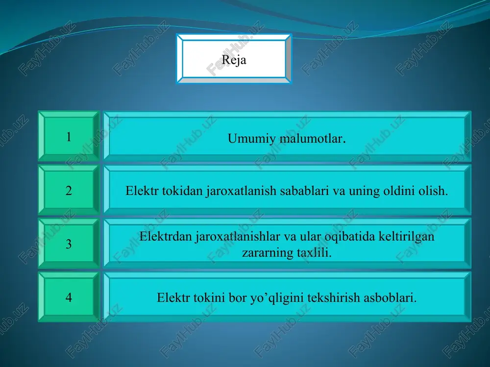 uldorligi kamayib ketishi kuzatilgan. agar kuchlanishning kattaligi 4-8 v bo`lsa, sut berish 20-40 % ga kamayadi. qishloq xo`jaligida, odatda, o`zgaruvchan elektr tokidan foydalaniladi. ko`pgina jihozlar 380 v kuchlanish bilan ishlaydi, yoritish uchun uchun esa 220 va 127 v kuchlanishlardan foydalaniladi. elektr xavfsizligi shartlariga ko`ra, elektr qurilmalar 1000 v gacha va 1000 v dan yuqori kuchlanishli qurilmalarga bo`linadi. elektr toki urishiga kishining elektr zanjiriga ulanib qolishi sabab bo`ladi. elektr tokiga ulanib qolishning ikki xil shakli bor: ikkita sim orasida ulanib qolish va sim bilan yer orasida ulanib qolish.ikkala holda ham jarohatlanish darajasi kuchlanish kattaligiga, pol va poyafzal himoyalanishning holatiga, ishlab chiqarish xonasidagi muhit sharoitiga, simlarga tekkan paytda kishining holatiga bog`liq. odamning elektr tokidan jarohatlanishining boshqa hollariga quydagilar sabab bo`ladi: 1. elektr qurilmalarini o`rnatish va ulardan foydalanishda xavfsizlik texnikasi qoidalarining buzilishi; 2. elektr jihozlarining kuchlanish ostida qolgan tok o`tkazmaydigan metall qismlarga tegib ketishi; jarohatlanishning xavfsiz mehnat usullarini bilmaslik. 3. elektr tokidan jarohatlanish …