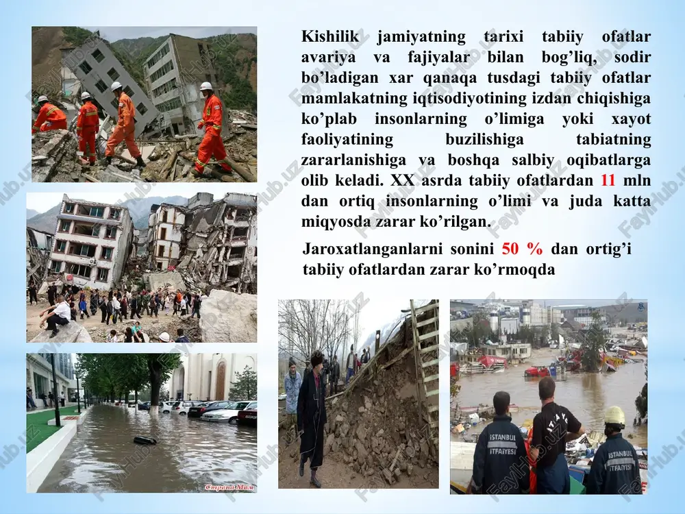 , uyqudagi insonlar uyqudan uyg’onadi. 7-ball ko’pchilik odamlarni qo’rquv bosadi uy devorlarida yorug’lar paydo bo’ladi. 6-ball kuchli, hamma sezadi uy xayvonlar betoqat bo’ladi ro’zg’or buyumlar va javondagi idishlar ag’dariladi. 9-ball vayron qiluvchi, oddiy imoratlar butunlay vayron bo’ladi, yer yuzida yoriqlar paydo bo’ladi. 8-ball yemiruvchi, xam gishtdan qurilgan binolar butunlay qulaydi. zilzila oqibatida yuzaga kelgan uylardan foto lavxalar zil-zila paytida yerda seysmik to’lqinlar xosil bo’ladi. to’lqinlarning tarqalish markazi giposentr yoki zil-zila o’chog’i deb ataladi. chuqurligi 2-70 km gacha boradi. yer yuzasidagi markazi-episentr deb ataladi. ma’lumatlarga ko’ra seysmik to’lqinlar uch xil- bo’ylama, ko’ndalang, turlarga bo’linadi. yer ichki kuchlarining daxshatli ko’rinishlaridan ikkinchisi bu vulqondir. erigan lavaning yer ostidan chiqishi hamda turli gazlarning va qattiq jismlarining otilib chiqishi “vulqon otilishi” deb ataladi 1966- yilda toshkentda yer qimirlashi yuz bergan. unda 8 ball silkinish sodir bo’lib imoratlarga katta qurilishlarga ziyon yetgan. silkinishlar bir necha kungacha vaqti-vaqti bilan takrollanib turgan. buning oqibatida 35 mingdan ortiq uylar …