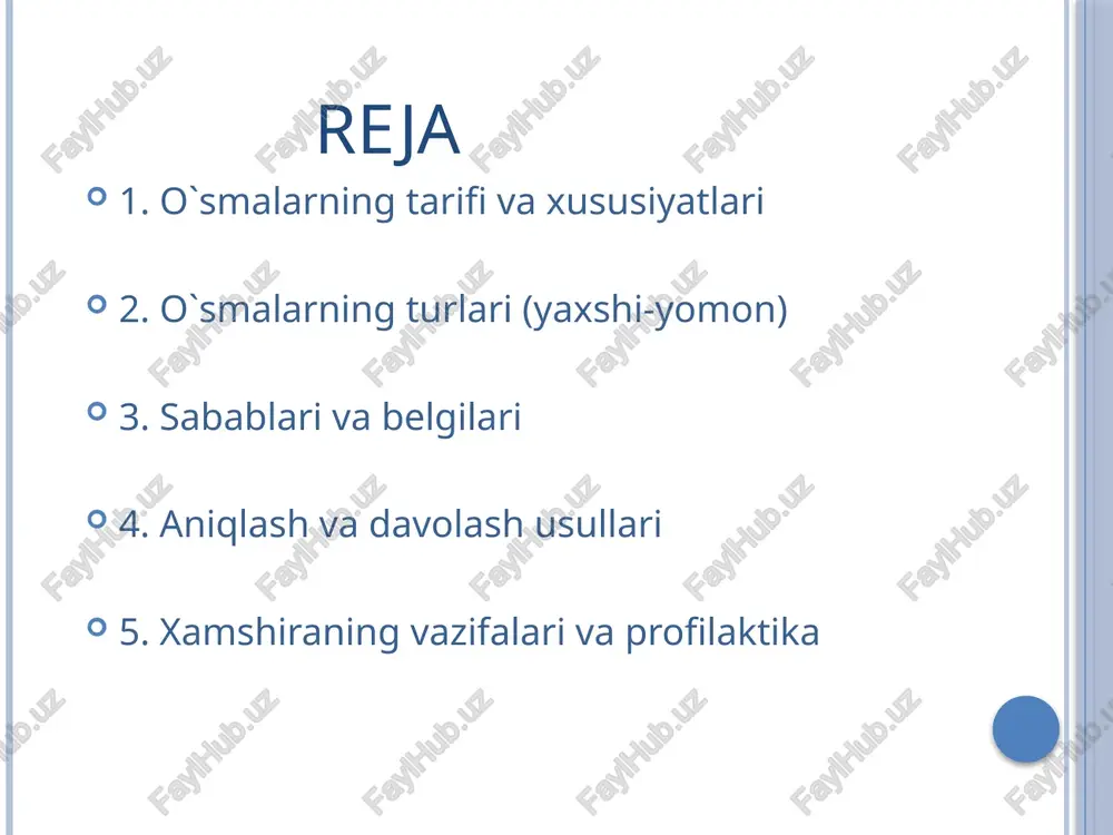 abiiy o‘zgarish — o‘z vaqtida shifokorga murojaat qilish uchun sabab bo‘lishi kerak. ✅ slayd 7: o‘smalarni aniqlash (diagnostika) shifokor quyidagi tekshiruvlardan foydalanadi: utt (uzi) – to‘qima o‘zgarishini ko‘rish kt yoki mrt – ichki organlardagi o‘smalarni aniqlash biopsiya – o‘sma hujayrasini olib, laboratoriyada tekshirish qon analizlari – o‘smaga xos belgilarni aniqlash (onkomarkerlar) 🔎 izoh: biopsiya — o‘smami yoki yo‘qmi, qanday turdagi ekanligini aniq ko‘rsatadi. ✅ slayd 8: o‘smalarni davolash usullari jarrohlik usuli: o‘smalarni kesib olib tashlash kimyoterapiya: dorilar bilan hujayralarni yo‘q qilish nurlanish (radioterapiya): o‘smani radiatsiya bilan davolash immunoterapiya: immunitetni kuchaytirib, o‘smani yo‘qotish 🔎 izoh: ko‘p hollarda bir nechta usul birgalikda qo‘llaniladi. ✅ slayd 9: hamshiraning roli bemorga ruhiy yordam ko‘rsatish davolashga tayyorlash (masalan, kimyoterapiya oldidan) ukollar, dorilarni to‘g‘ri qilish bemorni parvarish qilish ovqatlanishiga e’tibor berish har qanday o‘zgarishni shifokorga aytish 🔎 izoh: hamshira – bemor bilan eng ko‘p vaqt o‘tkazadigan tibbiyot xodimi, u bemorning holatini yaxshi kuzatadi. ✅ slayd 10: …