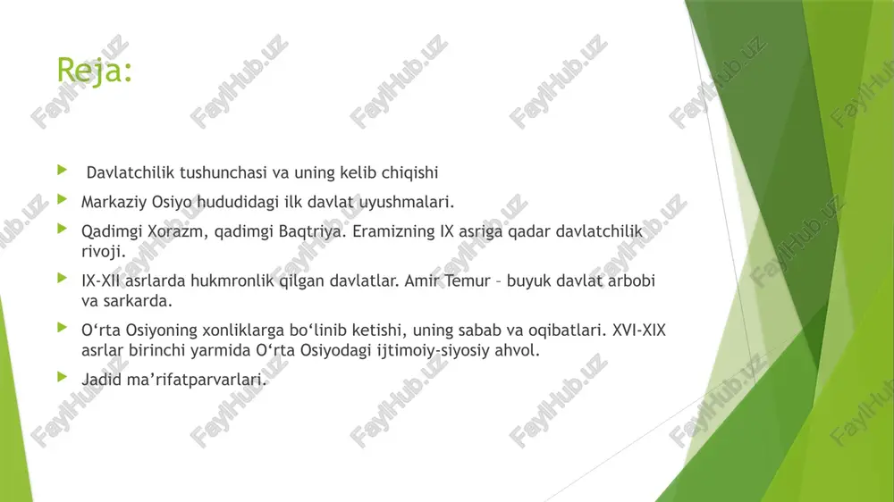 zirgi eron hududida), hindiston va xitoyda bundan 3,5-5 ming yillar muqaddam vujudga keldi. sugʻorish shoxobchalarini bunyod etish bilan mehnat unumdorligining keskin oshishi ularning yuzaga kelishiga sabab boʻldi. d.ning tashkil topish jarayonida piramida shaklida bunyod etilgan jamiyat vujudga keldi: eng yuqorida yagona hukmdor (podshoh, firʼavn, xon va hokazolar), quyiroqda — uning eng yaqin safdoshlari, maslahatchilari (vazirlar, amirlar) turardi. ulardan keyin quyi martabali amaldorlar, piramidaning asosini esa, qishloq jamoalari tashkil etardi. davlat oliy hukmdor sanalib, jonli-jonsiz hamma narsalarga, barcha fuqarolarning ham hayoti, ham mulkiga egalik qilardi. jamiyatning barqaror tabiati davlatning tub oʻzgarishlarsiz yashashini taʼminlab keldi. chunonchi, qadimgi misr davlati mil. av. 4-3-ming yilliklarda paydo boʻlib, 30 asrdan koʻproq yashadi. gʻarb davlatlari sharq davlatlaridan ancha keyin paydo boʻlgan, biroq ular ancha tez rivojlangan. yevropa ijtimoiy jamiyatidagi oʻzgarishlar davlatlarning yangi-yangi tiplarini vujudga keltirib chiqargan. davlatchilikning asosiy belgilari. davlatning belgilari toʻgʻrisidagi masalani huquqshunoslar turlicha talqin qilib kelganlar. bunda aholining hududiy boʻlinishi, odamlar ustidan rahbarlik qiluvchi …