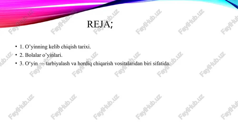 digan tushunchalari ifodalaydi. yahudiylar orasida "o‘yin" so‘zi hazil va kulgi tushunchasiga mos keladi. keyinchalik, barcha yevropa tillarida "o‘yin" so‘zi, bir tomondan, o‘zini og‘ir mehnat sifatida ko‘rsatmasdan, boshqa tomondan, odamlarga zavq bag‘ishlovchi insoniy xatti-harakatlarning keng doirasini bildira boshladi. shunday qilib, bolalarning askarlar o‘yinidan tortib, teatr sahnasida qahramonlarning fojiali reproduktsiyasigacha bo‘lgan barcha narsalar ushbu tushunchalar doirasiga kiritila boshlandi. bolalar o‘yinlari - bolalarni aqliy, jismoniy, intellektual, estetik va axloqiy tarbiyalash va rivojlantirish sharti. bolalar o‘yinlari asosan ikki vazifani bajaradi: - bolaning ishtiyoqini oshirish, estetik zavq berish va ko‘ngil ochish. - bolaga o‘yin jarayoni orqali ta’lim va tarbiya berish. bolalar o’yinlari mazmuniga ko’ra quyidagi turlarga bo’linadi o’yinchoqli o’yinlar. bu o’yin asosan maktabgacha yoshdagi bolalar o’yinlaridir. (sodda o’yinchoqlar, qum, kubik, shiqildoqlar) voqeaband o’yinlar. bolalar voqeaband o’yinlarda kattalar faoliyatiga taqlid qiladilar. bola ulg’aygan sari ularning voqeaband o’yinlari ham murakkablasha boradi. bu o’yin turiga “doctor-doctor”, “qo’shni-qo’shni” kabi o’yinlar kiradi. didaktik o’yinlar yuqoridagi barcha o’yinlar elementlarini o’ziga jamlagan …