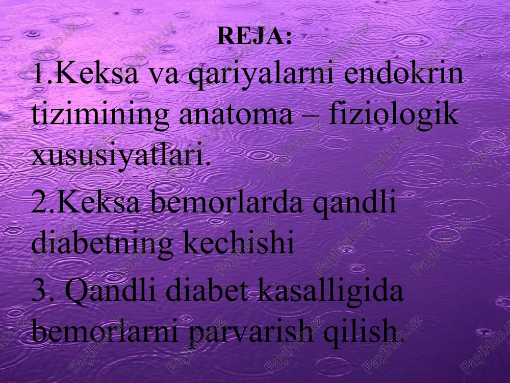 olash 1.endokrinolog ko’rsatmasi nazoratida insulin 50 tb tomir ichiga 0,9% fiziologik eritma qo’shib yuboriladi. hushsiz holat davom etsa 50 tb teri ostiga yuboriladi. har 2 soatda 20-30 tb insulin 40 % glyukoza bilan birga yuborilib trish kerak. 2. strefantin 0,5 ml korglikon 0,5 ml 0.9 fizioligik etitmaga qo’shib, 20 ml glyukoza bilan birgalikda yuboriladi. 3.kofein. mezaton tomir yoli muskul orasiga qilinadi. 4. asidozni kamaytirish uchin glyukozaga soda qo’shib, huqna qilinadi. 5.askarbin kislota 5 % 5 ml qilinadi 6.karbaksilaza 1 marotaba kuniga muskul orasiga qilinadi. 7.kaliy xlor 20-30- ml 10 % 500 ml na cl qo’shib qilinadi. gipoglikemik koma 1. qandli diabet bilan og’rigan bemorlarda ko’p miqdorda insulin yuborgan bo’lsa, komoga olib keladi. bu holat qona qand miqdorining 2,8 mmol.dan past bo’lishi bilan xarakterlanadi. och qolish, bosh og’rishi, yurakni tez urushi, qo’rqish, qo’zg’aluvchanlik, ab pasayishi, gokida bradikardiya, terlash, yuzning oqarishi, ko’z qorachiqlarining kengayishi, hushdan ketish. 49 1.bemormizning es hushi joyida bo’lsa …