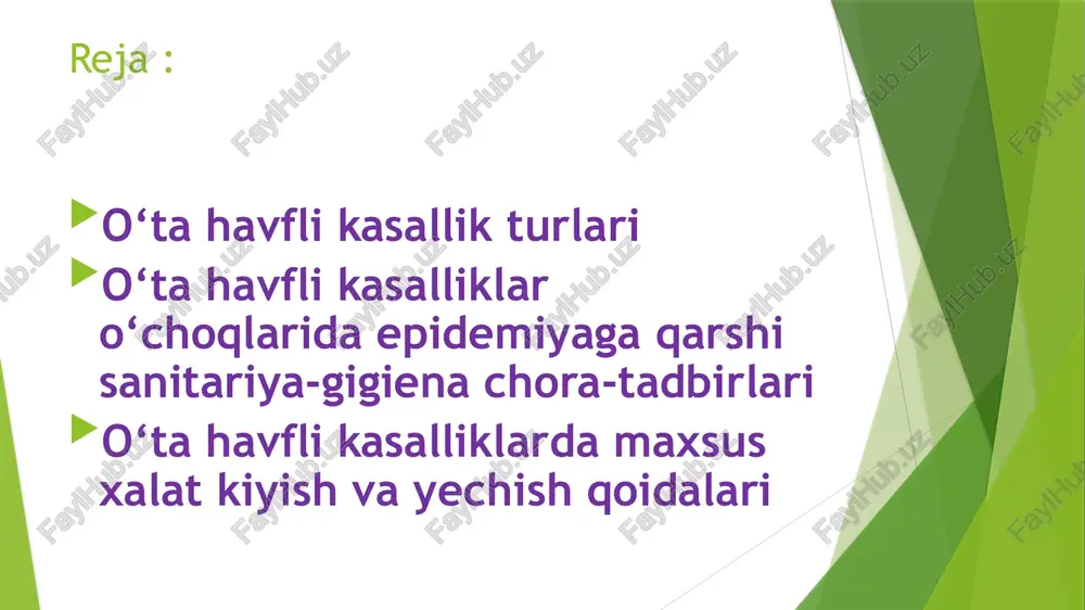 uqad 2.xavo tomchi yo’li – o’pka turi bilan kasallangan odamdan tashqi muhitga tushib sog’lom odomga yuqadi 3.alimentar(oziq ovqat orqali)yaxshi ishlov berilmagan go’sht maxsulotlari orqali (juda kam uchraydi)yuqadi kasallik klinikasi kasallikning inkubatsion davri 3-6 kungacha bo;lishi mumkin. o’lat to’satdan o’tkir boshlanadi. bemorda qaltirash,tana xarorati 39-40c gacha ko’tarilishi,darmonsizlik bosh og’rigi,aylanishi,ishtaxaning kamayishi, chanqash,qon bosimi pasayib, taxikardiya kuzatiladi. teri formasida dastlab mikrob tushgan joyda kichkina dog’ paydo bo;ladi, so’ng yaraga aylanadi, bitishi juda qiyin boladi birlamchi va ikkamchi septik turi ancha o’g’ir kechadi.gemoragik toshmalar toshadi. bemorlar infeksion toksuk shok holadiga tushib qoladi birlamchi va ikkamchi o’pka fo’rmasi yuqoridagi simptomlarga qo’shimcha ravishda, ko’krak soxasida og’riq,aqonaralash balg’am ajralishi, nafas olishning qiyinlashuvi ichak fo’rmasi bemorda kuchli intoksikatsiya bilan birga , ko’ngil aynishi,qon va yiringli axlat ajralishi,qorinda og’riq kuzatiladi. kuydirgi zoonozlar turkumiga kiruvchi o’ta xavfli o’tkir yuqumli kasallikdir. asosan shoxli uy hayvonlari,otlar,eshaklar, tuyalar kasallanadi. odamlarda kudirgining teri, o’pka, ichak, va septik shakllari kuzatiladi hayvonlardagi kuydirgi kasalligi quyidagi xususiyatlar …