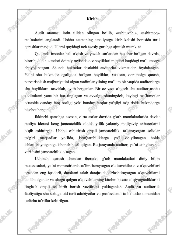 li adabiyotlar va professional tashkilotlar tomonidan turlicha ta’riflar keltirilgan. asosiy qism auditorlik faoliyati standartlarining mohiyati audit ham boshqa bir qator amaliy sohalar kabi o‘z predmeti va shu predmetni o‘rganish uslubiyatiga ega. ushbu sohaning tekshiruv predmeti bo‘lib, birinchi navbatda, korxonaning moliyaviy hisobotlari hisoblanadi. mustaqil auditor ushbu moliyaviy hisobotlarning belgilangan qonun talablari asosida tuzilgani va shu korxonaning moliyaviy holati, moliyaviy holatidagi o'zgarishlar va pul oqimlari to‘g‘risida to‘g‘ri va to‘liq ma’lumot berayotganligi yuzasidan o‘z fikrini bildirishi uchun qo'llaydigan chora-tadbirlari majmuyi audit tekshinivining uslubiyati hisoblanadi. audit sohasida sermahsul ilmiy izlanish olib borayotgan bir qator rus mutaxassislari auditorlik faoliyatiga quyidagicha ta’rif keltirganlar: «auditorlik faoliyati —auditorlik firmalari tomonidan iqtisodiy subyektlarning moliyaviy hisobotlari, hisob-kitob hujjatlari, soliq deklaratsiyalari va boshqa moliyaviy majburiyatlarini mustaqil ravishda tekshirishga yo‘naltirilgan tadbirkorlik faoliyatidir». g'arbda, xususan, aqshda «audit» atamasiga ta’rif berishda 1971- yilda amerika buxgalterlar assotsiatsiyasi (american accounting association) tomonidan ishlab chiqilgan quyidagi ta’rif keng bayon etiladi: «audit —iqtisodiy faoliyat va voqealarga doir ma’lumotlarni, …