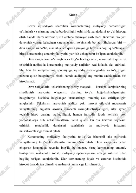 y operatsiyalarni amalga oshirish bilan bog‘liq bo‘lgan xarajatlardir. ular korxonaning foyda va zararlar hisobotida hisobot davrida tan olinadi va mahsulot tannarxiga kiritilmaydi. asosiy qism davr xarajatlarining mohiyati va turlari davr xarajatlari o‘z mohiyatiga ko‘ra bir necha asosiy guruhlarga ajratiladi: ma’muriy xarajatlar korxonaning umumiy boshqaruv faoliyati bilan bog‘liq bo‘lib, ular ishlab chiqarishdan tashqari xarakterga ega. ma’muriy xarajatlarga quyida keltirilganlar kiradi: - boshqaruv xodimlarining ish haqi va ijtimoiy ajratmalar - idoraviy binolarning ijarasi, kommunal xizmatlar, aloqa va internet to‘lovlari; - ofis jihozlari, kantselyariya buyumlari va kompyuter texnikasi xarajatlari; - xizmat safarlari bilan bog‘liq sarf-xarajatlar; - yuridik, konsalting va auditorlik xizmatlari uchun to‘lovlar. buxgalteriya hisobida ma’muriy xarajatlar odatda “ma’muriy xarajatlar” deb nomlangan alohida schyotda (odatda 9420, 9430) yuritiladi. hisob davri yakunida ushbu xarajatlar “davr xarajatlari” hisobiga o‘tkaziladi. ma’muriy bo‘limdagi xodimga oylik ish haqi hisoblanganda 9420-6710 provodkasi beriladi. xodim oyligidan ijtimoiy soliq hisoblanganda 9420-6520 ijtimoiy soliq xodim oyligidan hisoblangani bilan, korxona hisobidan byudjetga o‘tkaziladi. …