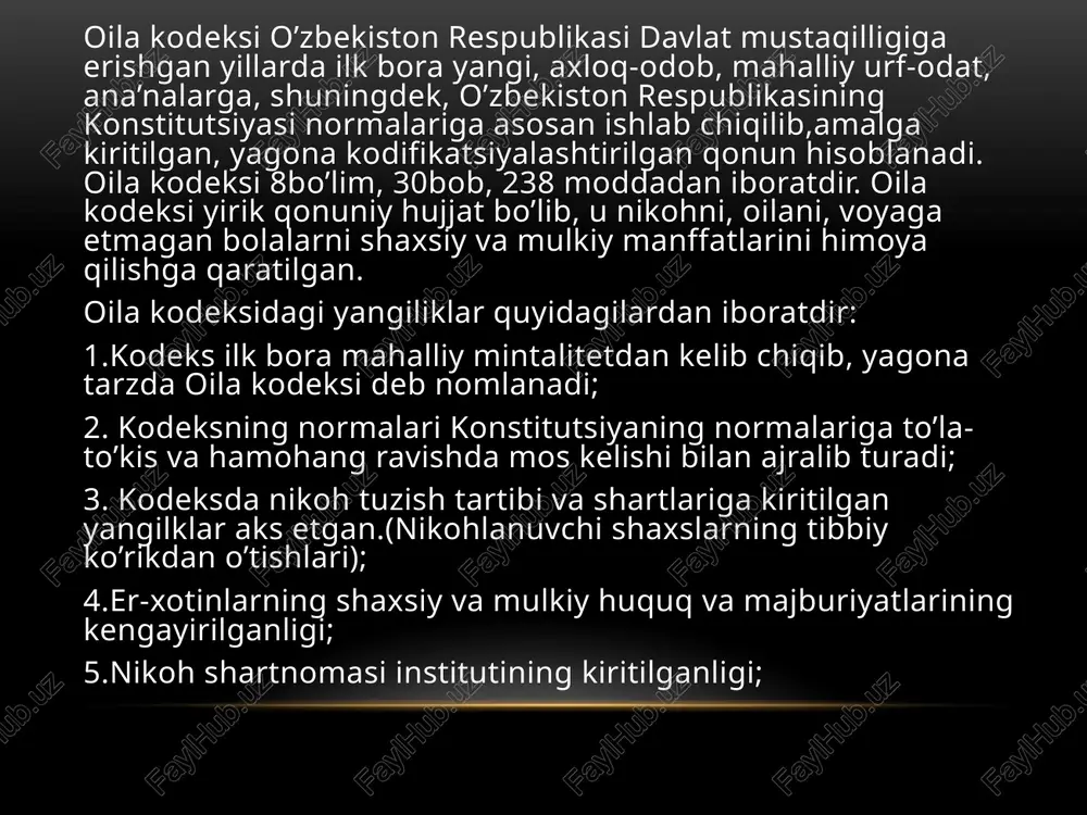 cha oila kodeksining normalari bilan tartibga solinadiganmunosabatlarga quyidagi yuridik faktlar bilan bo’liq bo’lgan misolni keltirib o’tish mumkin: er yoki xotindan birining vafoti yoki sud tartibida vafot etgan deb e’lon qilinishi, muomalaga layoqatsiz deb topilgan shaxs(ruhiy kasalligi yoi aqliy zaifligi oqibatida)ning vasiysi bergan arizaiga binoan ajralish yo’li bilan nikohning tugatilishini ko’rsatish mumin. bu yerda vafot etish natijasida er-xotinlar o’rtasidagi oilaviy-huquqiy munosabatlar tugallangan bo’lib, u huquqiy jihatdan fhdyo organi orqali rasmiylashtiriladi. o’limni rasmiylashtirish va nikohning tugallanganligini qayd qilish o’zbekiston respublikasi vazirlar mahkamasining 1999-yil 12-apreldagi 171-sonli qarori bilan tasdiqlangan ”fuqarolik holati dalolatnomalarini qayd etish qoidalari ” bilan bevosita tartibga solinadi. oila kodeksi haqida to’xtalib shuni aytish kerakki, uning muvofaqqiyatli jihatlaridan biri kodeksning 4-moddasiga oila, onalik, otalik va bolaliklning davlat himoyasiga olinganligi, shuningdek, onalik va otalik izzat-ikromga hamda hurmatga sazovorligi normalanganligi, oilaga bo’lgan hurmat-e’tiborning yuqori pog’onaga ko’tarilganligini ko’rsatadi.oila kodeksining 8-moddasiga ko’ra, qonun hujjatlaida oilaviy munosabatlarni tartibga solishga oid tegishli normalar bo’lmagan taqdirda, o’zbekiston respublikasining …
