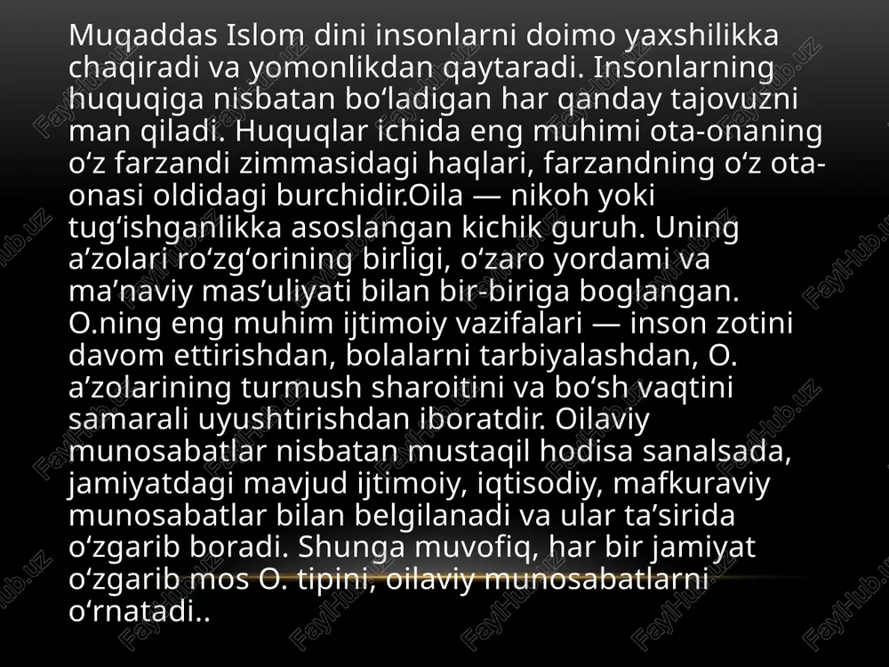 i. mavjud qoida tartiblar — farzandlarning onagagina tegishli boʻlishi, ona mulkiga merosxoʻr sanalishi erkaklarning yangi mavqeiga zid kelib qoldi. natijada ota xuquqiga asoslangan patriarxal oila vujudga keldi. shunday qilib, hozirgi individual oilaning oʻtmishdoshi — monogam oila vujudga kelgan (k,. monogamiya) konstroktor tartibini tanlasak 4 oila xalqning , jamiyatning hayoti, turmushiga oid urf-odatlarni oʻzida sinovdan oʻtkazadi. yaxshilarini oʻz bagʻrida asrab-avaylab kelajak avlodlarga yetkazadi. oila oʻz farzandlarini tarbiyalab, ularga umuminsoniy qadriyatlarni singdirish bilan ularga boshlangʻich ij-timoiy yoʻnalish beradi. oʻz farzandlarini katta oqimga — jamiyatga qoʻshish bilan esa oila jamiyat yoʻnalishi, iqtiso-diyoti, madaniyati va maʼrifatini ham belgilashga oʻz taʼsirini koʻrsatadi. shuning uchun ham sharqsa oila qadim-qadimdan muqaddas qoʻrgʻon hisoblanib kelingan. xususan, oʻzbek oila larining serildizlik, serbutoklik xususiyatlari hozir ham saqlanib turibdi. oʻzbeklarda oilalarning muayyan turmush tarzi shakllanib hayotiy tajriba orttirib borishi, tejamli va sarishta roʻzgʻor tutishi, farzandlarni odobli, maʼna-viy yetuk boʻlib kamol topishida keksalar, ota-onaning roli katta. oʻzbek oilalari oʻzlarining mustahkamligi, saran-jom-sarishtaligi, bolajonligi, …