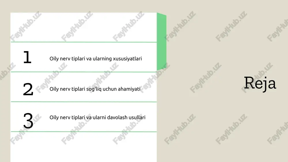 aradi. - sog'liqka ta'siri: stress, yurak-qon tomir kasalliklari. 3. sensor nervlar: - tashqi ta'sirlarni qabul qiladi. - sog'liqka ta'siri: his qobiliyatini pasaytirishi va og'riq his qilishidagi o'zgarishlar. photo by javier trueba on unsplash oily nerv tiplari o'rtasidagi asosiy farqlar oily nerv tiplari uchta asosiy turga bo'linadi: somatik, avtonom va enterik. somatik nervlar mushaklar bilan bog'liq, avtonom esa ichki a'zolarni nazorat qiladi. farqlar vazifalar va tuzilishda: somatik ixtiyoriy harakatlar uchun, avtonom avtomatik jarayonlar uchun. har bir nerv turi organizm faoliyatiga ta'sir qiladi. farqlarni aniqlashning ahamiyati oily nerv tiplari farqlarini aniqlash, ularning funksiyalarini tushunishga yordam beradi. bu tibbiyotda kasalliklarni diagnostika qilishda muhim. nerv tizimidagi muammolarni aniqlash, bemorlarga eng yaxshi davolash usullarini tanlashda yordam beradi. oily nerv tiplari va ularning farqlari oily nerv tiplari tadqiqotlari oily nerv tiplari bo'yicha o'tkazilgan tadqiqotlar muhim ahamiyatga ega, bu tadqiqotlar nerv tizimining kasalliklarini aniqlash va davolashda yordam beradi. tadqiqotlar oily nerv tiplari bo'yicha ko'plab tadqiqotlar o'tkazilgan. ular …