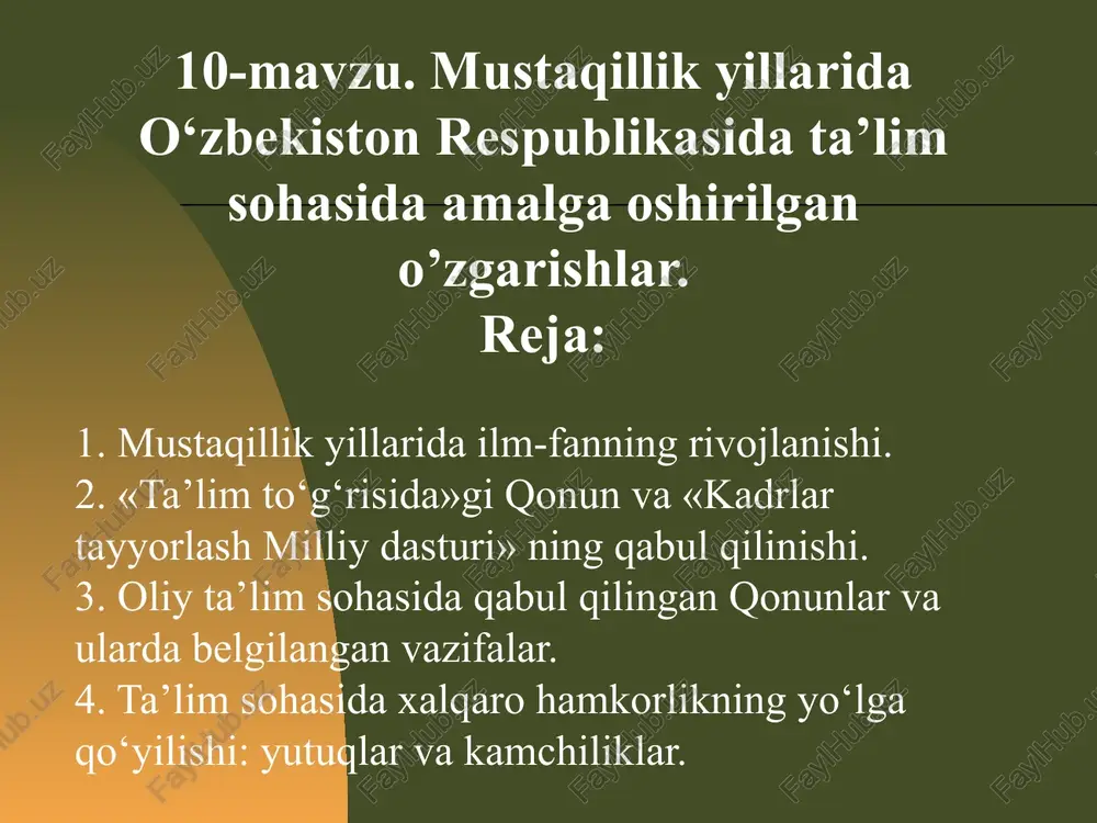 davlat tomonidan qo‘shimcha ravishda 65 milliard so‘m mablag‘ sarf qilindi. ii bosqich – 2001–2005-yillarni o‘z ichiga olib, milliy dastur keng miqyosda joriy etildi. iii bosqich – 2005-yildan bugungi kungacha. bu bosqichda kadrlar tayyorlash milliy dasturi natijasida erishilgan natijalar, to‘plangan tajribalar umumlashtirilib, shu asosda yurtimizda ta’lim tizimi takomillashtirilib borildi. 2009-yildan boshlab yurtimizda to‘liq 12 yillik majburiy ta’lim joriy etildi. 9 yillik umumiy o‘rta ta’lim savodxonlik asoslarini, umumiy o‘rta ta’lim olish uchun zarur bo‘lgan bilim va ko‘nikmalarni shakllantirishga qaratilgan. 2017-yilgi islohotlar. ta’lim tizimida amalga oshirilgan islohotlar, 12 yillik ta’limni takomillashtirish yo‘lidagi tadbirlar kutilgan natijani bermadi. yig‘ilib qolgan muammolar sohani tub isloh qilishni, dunyoning rivojlangan mamlakatlari tajribasidan foydalanish zarurligini taqazo qildi. 2017-yil umumta’lim va o‘rta maxsus kasb-hunar ta’limi tizimida tub islohotlar yili bo‘ldi. xalq qabulxonalari va prezidentning virtual qabulxonasiga tushgan taklif va mulohazalar, shuningdek, respublika maktablaridagi bitiruvchilarning ota-onalari o‘rtasida o‘tkazilgan so‘rovnoma natijalaridan kelib chiqib, prezident shavkat mirziyoev tashabbusi bilan 9+3, ya’ni 12 yillik …