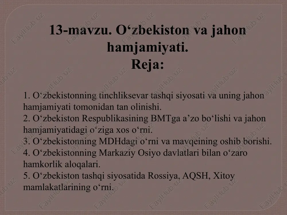 ek, dunyoning yirik davlatlari tomonidan mintaqada olib borilayotgan o‘zaro raqobat inobatga olinib, “markaziy osiyo muammolari tashqi kuchlarning aralashuvisiz, mintaqadagi davlatlarning o‘zlari tomonidan yechilmog‘i zarur”, degan fikr bayon etilgan. konsepsiyada o‘zbekistonning tinchliksevar siyosat yuritishi, harbiy-siyosiy bloklarda ishtirok etmasligi, har qanday davlatlararo tuzilmalar harbiy-siyosiy blokka aylangan taqdirda, ulardan chiqish huquqini o‘zida saqlab qolishi ta’kidlandi. markaziy osiyo davlatlari rahbarlari 1993-yil qozog‘iston respublikasining qizil o‘rda shahrida, 1994-yil nukus shahrida, 1995-yil turkmaniston davlatining doshhovuz shahrida, 1995-yil yana nukus shahrida orol dengizi muammosiga bag‘ishlangan uchrashuvlar o‘tkazdilar va bu borada amaliy ishlar olib bora boshladilar. 1999-yil turkmanistonning ashxobod shahrida orolni qutqarish xalqaro jamg‘armasining majlisi bo‘lib o‘tdi. majlisda ekologik falokat mintaqasidagi vaziyatni barqarorlashtirish borasida hamkorlikni rivojlantirish masalalari muhokama qilindi. davlat rahbarlari o‘zaro hamkorlik, mintaqaviy xavfsizlik va xalqaro miqyosdagi masalalar yuzasidan ham fikr almashdilar. 2017-yilda o‘zbekiston prezidenti shavkat mirziyoev tashabbusi bilan o‘zbekistonning qo‘shni davlatlar bilan munosabatida yangi davr boshlandi. shu yilning o‘zida qozog‘iston, turkmaniston va qirg‘iziston davlatlariga o‘zbekiston prezidentining …