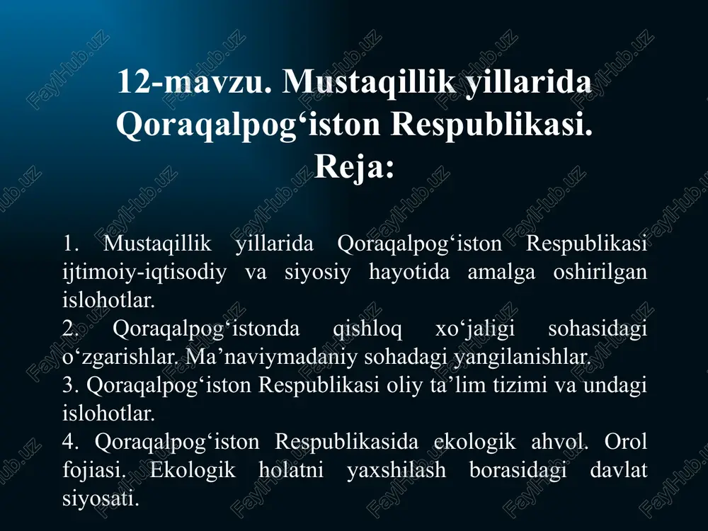 porti, bolalar musiqa va san’at maktablari... bunday muhtasham inshootlar istiqlol sharofati tufayli barpo bo‘ldi. 2000 yili nukus shahrini xo‘jayli tumani bilan bog‘laydigan ulkan ko‘prik, 2001 yilda 345 kilometrlik nukus-sultonuvaystog‘-miskin-uchquduq-tinchlik- navoiy temir yo‘li ishga tushirildi. yuzlab kilometr avtomobil yo‘llari rekonstruksiya qilindi. bu ravon yo‘llarning uzunligi 4 min 2014 yili nufuzli “infrastructure journal” xalqaro nashri mazkur loyiha qurilishini “2014 yilning neft-gaz sohasidagi eng yirik bitimi”, deb e’lon qildi. umumiy qiymati 4 milliard aqsh dollarini tashkil etgan bu mashhur loyiha amalga oshirilishi mamlakatimiz sanoati rivojini yangi bosqichga ko‘tarishi shubhasiz. hozir bu yerda yiliga 4,5 milliard kub metr gaz qayta ishlanmoqda. buning samarasida xalqimiz ehtiyoji va eksport uchun 3,7 milliard kub metr gaz, 387 ming tonna polietilen, 83 ming tonna polipropilen, 102 ming tonna piroliz distillyati va boshqa qimmatbaho mahsulotlar ishlab chiqarilmoqda. shu yilning ikkinchi choragida momiq ishlab chiqarishga ixtisoslashtirilgan “bunyodbek-xo‘jayli” oilaviy korxonasi foydalanishga topshiriladi. yil oxirigacha “yoqubova gavhar” fermer xo‘jaligi kalava ip ishlab …