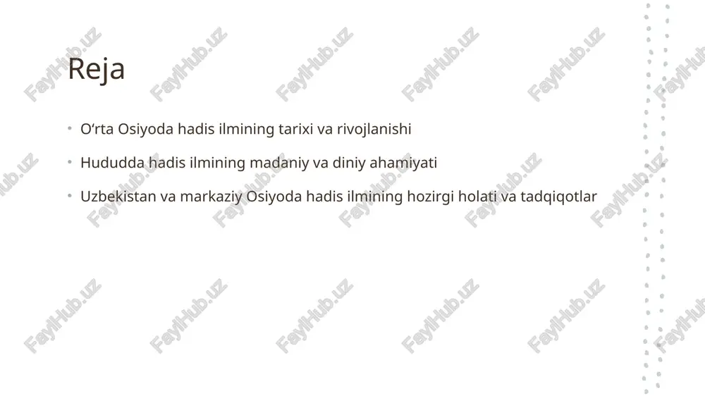 yalar chop etildi. bu izlanishlar hadislarning tarixiy va madaniy ahamiyatini chuqurroq o'rganishga yordam beradi. yangi avlod tadqiqotchilar yosh olimlar va talabalar hadis ilmi sohasida faol ishlamoqda. ular zamonaviy texnologiyalar va metodlarni qo'llab, hadislarni yanada kengroq tahlil etmoqda. oʻrta osiyoda hadis ilmining tarixi va madaniy merosi tarixiy rivojlanish oʻrta osiyoda hadis ilmi ix-xii asrlarda rivojlanib, mashhur hadis ilmi mualliflari va ularning asarlari bilan boyitildi, bu mintaqada diniy bilimlar shakllandi. madaniy meros bu hududda hadislar va diniy anʼanalar avloddan-avlodga oʻtib, madaniyat va diniy hayotning ajralmas qismi boʻlib kelgan, oʻziga xos madaniy identitet yaratdi. ilmiy anʼanalar oʻrta osiyoda hadis ilmi uchun muhim ilmiy markazlar boʻlib, ular diniy taʼlimotlar, izohlash usullari va hadislar tahlilida muhim oʻrin oʻynagan. hadis ilmining diniy ahamiyati va diniy amallar uchun o‘rni 1 ma’naviy ahamiyati - hadis ilmi musulmonlarning diniy hayotida muhim o‘rin tutadi. ular orqali islomning asosiy qadriyatlari va amallarini anglash mumkin. 2 amaliy roli - hadislar musulmonlarning kundalik …