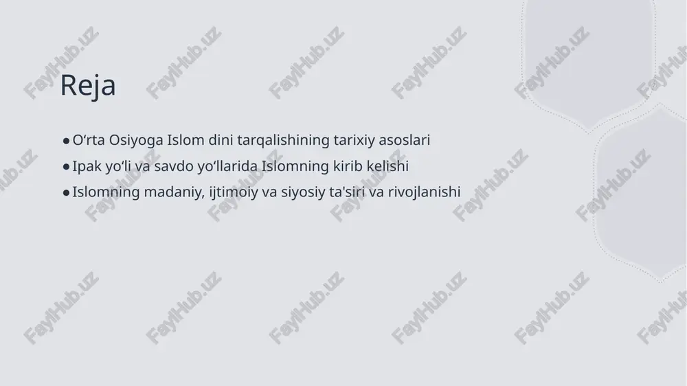 bul qilinishi bilan, madaniyatda diniy elementlar, ilm-fan va sanʼat rivojlandi, yangi madaniy anʼanalar shakllandi. siyosiy ta'sir islom davlat va hukumat tuzilmalariga taʼsir qilib, qonunlar va boshqaruv tizimlarida diniy qadriyatlar muhim o‘rin egalladi. ijtimoiy o'zgarishlar islom dini bilan birga, jamiyatda yangi ijtimoiy rollar va qadriyatlar yuzaga keldi, oilaviy va mahalliy strukturalar mustahkamlandi. ipak yo'li va savdo tarmoqlarida islomning tarqalishi jarayoni ipak yo'li va savdo tarmoqlarida islomning tarqalishi jarayoni savdo yo'llaridagi ta'sir diniy ta'sirlar va almashuv ipak yo'li orqali savdo va madaniy aloqalar kengaygani sayin, islom dini ham sharqdan g'arbga tarqalib, mustahkamlandi. ipak yo'li va savdo tarmoqlarida, musulmonlar diniy amallarni, diniy bilimlarni va madaniyatni o'zaro almashdi, bu esa islomning keng tarqalishiga yordam berdi. savdo tarmoqlari orqali, islom dini bilan bog'liq diniy marosimlar, ta'limotlar va madaniyatlar o'zaro ta'sirga kirishib, mintaqaviy diniy o'zgarishlarni yuzaga keltirdi. ipak yo'li orqali islomning madaniy va diniy ta'siri kengayishi 1 islomning savdo yo'llaridagi ta'siri - ipak yo'li orqali islom …