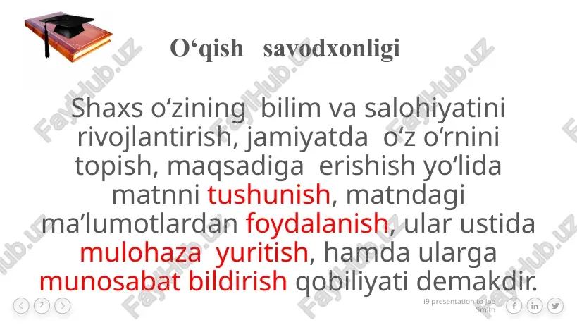 n well, maybe not exactly… 1 i9 presentation to joe smith ‹#› uyg‘unlashtirish (o‘zaro bog‘lash) jumlalarni yoki kichik matnlarning so‘zma-so‘z ma’nosini anglash, jumlalardagi yoki butun bir matndagi ma’lumotlarni birlashtirishni nazarda tutadi. ba’zida xulosa chiqarish uchun ikki yoki undan ortiq matndagi ma’lumotlarni birlashtirish kerak bo‘ladi. “matnning asosiy ma’nosini toping”, “xulosa chiqaring”, “matnga sarlavha qo‘ying” kabi vazifalar ushbu kategoriyaga kiradi. 3 2 1 i9 presentation to joe smith ‹#› ma’lumotlarni talqin qilish va uyg‘unlashtirish gazetadagi maqola matnida qahramonga tavsif beruvchi jumla keltirilgan. topshiriq: qahramon xarakterining aynan mana shu xusu-siyatlarini tasdiqlovchi ikkita sababni keltiring quyida maqolada ko‘tari- l-ayotgan muammo yechi-miga doir qarashlarning biri keltirilgan. topshiriq: ikkita matnda berilgan ma’lumotlardan foydalanib fikr bildirgan muallif nimani nazarda tutayotganini aniqlang. (1-matn:ilmiy-ommabop maqola 2-matn : gazetadagi maqola i9 presentation to joe smith ‹#› 10 baholash va mulohaza yuritish i9 presentation to joe smith ‹#› baholash mulohaza yuritish shakl va mazmun haqida ular bilan ishlash tafovutlarni aniqlash sifat …