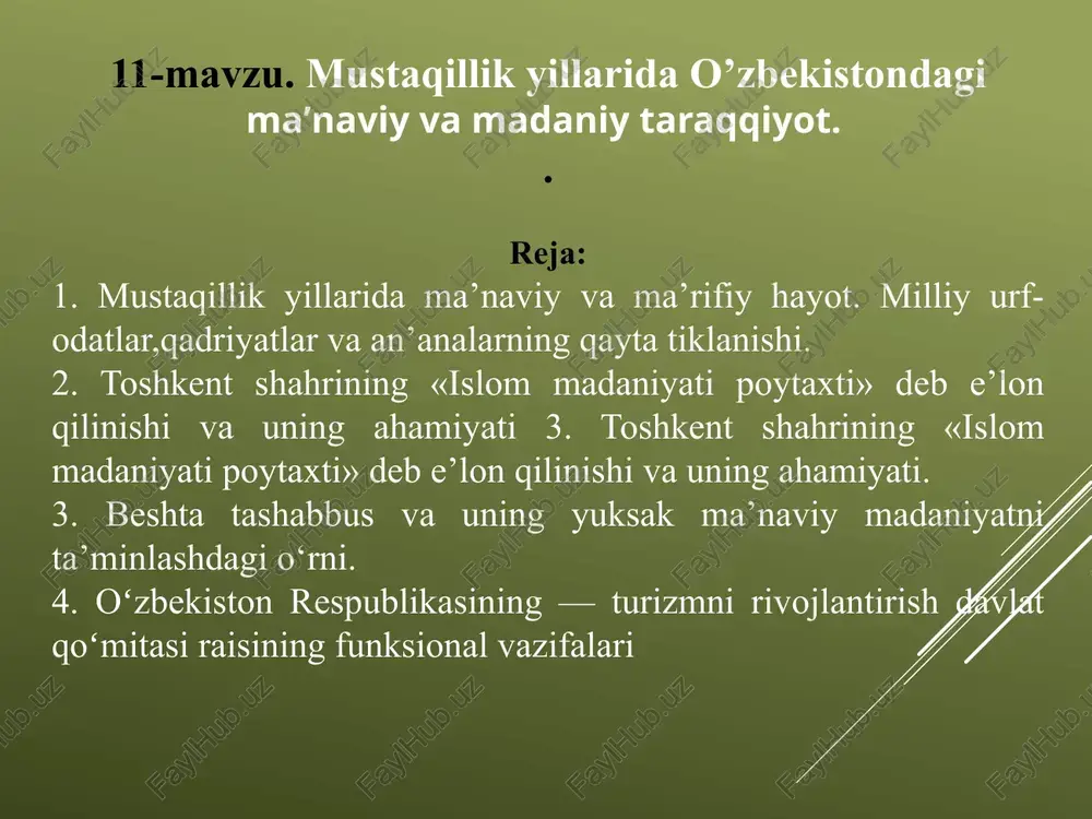 tda toshkentda bobokalonimizning dunyoviy sha’ni va shavkatiga mos keladigan temuriylar tarixi davlat muzeyi qurildi. yurtimiz taraqqiyoti yo‘lida fidokorona xizmat qilgan, milliy adabiyotimiz va madaniyatimiz rivojiga ulkan hissa qo‘shgan atoqli davlat arbobi, taniqli yozuvchi sharof rashidov tavalludining 100 yilligi nishonlanishi xalqimizni quvontirdi. o‘zbekiston prezidentining 2017-yil 27-martdagi “atoqli davlat arbobi va yozuvchi sharof rashidov tavalludining 100 yilligini nishonlash to‘g‘risida”gi qarori asosida 2017-yil 6-noyabr – sharof rashidov tug‘ilgan kuni jizzaxda tantanali tadbirlar bo‘lib o‘tdi. jizzax shahridagi tadbirda o‘zbekiston respublikasi prezidenti shavkat mirziyoev ishtirok yetib, nutq so‘zladi. 1997-yil – xiva va buxoro shaharlarining 2500 yillik yubileyi nishonlandi. 2002-yil – termiz shahrining 2500 yillik yubileyi nishonlandi. 2002-yil – shahrisabz shahrining 2700 yilligi nishonlandi. 2003 yil – nukus shahrining 70 yilligi nishonlandi va shahar “do‘stlik” ordeni bilan mukofotlandi. 2006-yil – qarshi shahrining 2700 yilligi nishonlandi. 2006-yil – xorazm ma’mun akademiyasining 1000 yilligi nishonlandi. 2007-yil – samarqand shahrining 2750 yillik yubileyi o‘tkazildi. 2007-yil – marg‘ilon shahrining 2000 …