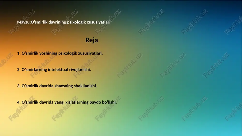 akterlanadi. 2. o’smirlarning intelektual rivojlanishi. kattalarga nisbatan yovuz munosabatning paydo bo’lishi, noxush xulq-atvor alomatlari jinsiy yetilish tufayli paydo bo’ladigan belgilar bo’lmay, balki ular bilvosita ta’sir kursatadigan, o’smir yashaydigan ijtimoiy shart-sharoitlar vositasi orqali uning tengdoshlari, turli jamoalardagi mavqei tufayli, kattalar bilan munosabati, maktab va oilasidagi munosabatlari sababli yuzaga keladigan xarakter belgilaridir. mana shu ijtimoiy sharoitlarni o’zgartirish yo’li bilan o’smirlarning xulq-atvoriga to’gridan-to’gri ta’sir ko’rsatash mumkin. o’smirlar nihoyatda taqlidchan bo’lib, ularda hali aniq bir fikr, dunyoqarash shakllanmagan bo’ladi. ular tashqi ta’sirlarga va hissiyotlarga juda beriluvchan bo’ladilar. juda ko’p o’smirlar bu davrda chekish hamda spirtli ichimliklarga qiziqib qoladilar. katta odam, shuningdek chekuvchi, ichuvchi singari yangi rollarda o’zini qulay his qiladi. bunday holatlarga tushgan o’smir juda tashvishga tushadi va unda krizis holati yuzaga keladi. bu krizis o’smirning ma’naviy o’sishi, shuningdek psixikasidagi o’zgarishlar bilan ham bogliqdir. bu davrda bolaning ijtimoiy mavqei o’zgaradi, o’zining yaqinlari, do’stlari, tengdoshlari bilan yangi munosabatlar yuzaga keladi. lekin eng katta o’zgarish uning …