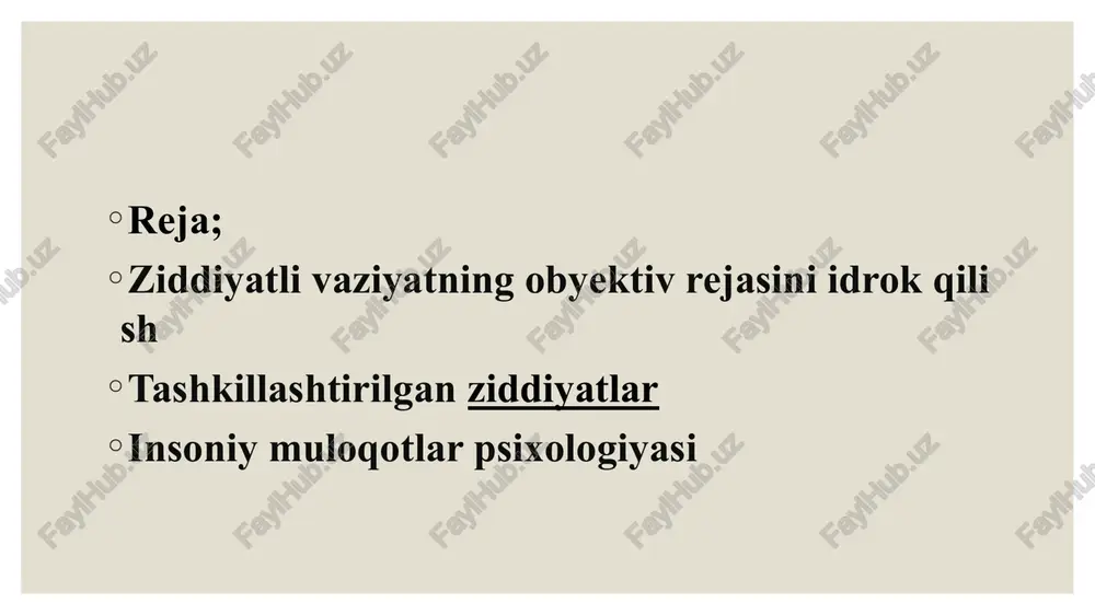xatti-harakatlar tug'iladi. maqsad ishonchli bo'lmasa u kuchini yo'qotadi. turli maqsadlar o'zining yutug'i uchun turli usullarni talab qiladi. shuningdek, ishonchli bo'lmagan maqsad — «deklarativ maqsad»dir. masalan, bir narsani talab qilib boshqa narsa ko'zda tutiladi. shaxs nizoni keltirib chiqarayotgan paytda o'zini xuddi boshqalarning manfaatini ko'zlab harakat qilayotgandek ko'rsatadi, aslida esa o'z manfaatini ko'zlaydi. nizodagi xatti-harakatlar faqat maqsadga qaratilgan bo'lmasdan, realistik tabiatga ega bo'ladi. intellekt darajasi, ishlab chiqarish muammosi bo'yicha bilim ayni paytdagi ziddiyatni hal qilish uchun vaziyatni to'g'ri ko'rish kafolatini bermaydi. shaxs ziddiyatga borayotganida anglanmagan motivlar asosida xatti-harakat qilishi mumkin. demak, shaxs nizo tug'ilayotgan paytda o'zining aniq maqsadiga va anglangan motivlariga ega bo'lishi zarur. ziddiyatlarni bartaraf qilish uchun o'z shaxsiy manfaatinigina ko'zlamasdan, butun jamoa manfaatini ko'zlab ish olib borish lozim. ideal «men»imiz hech qachon real «men»imiz bilan to'g'ri kelavermaydi. ziddiyatli vaziyatning obyektiv rejasini idrok qilish. ziddiyatni bartaraf qilayotganda chegarani his qila bilish kerak. ya'ni «kutish» va «harakat qilish» orasidagi chegarani aniqlash ko'nikmasi …