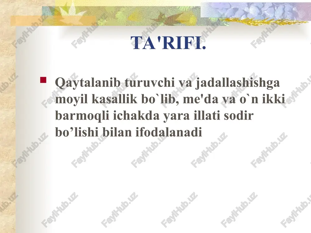 adi «ximoyachi» omillar: (1) tarkibida neytral mukopolisaxaridlar bo`lgan me'da va o`n ikki barmogli ichak shillig’i; (2) sialo va sulfomutsinlar (4) normal maxalliy qon aylanishi tasnifi 1. etiologiyasiga qarab: a) xelikobakter pilori bilan bog’langan. b) xelikobakter pilori bilan bog’lanmagan. 2. joylashishiga qarab: a) me'da yarasi: a) kardiya qismi b) kichik egriligi v) pilorik bo’limi (oshqozonni chiqishi) g) antral bo’limi b) o’n ikki barmoqli ichak yarasi: a) piyozchasida b) piyozchadan tashqari bo’lim (postbulbar) c) me'da va o’n ikki barmoqli ichak yarasining birga mavjudligi 3. yara turiga qarab: a) yakka b) ko’pchilik 4. yara diametriga qarab: a) kichkina diametrli 0,5 sm gacha b) o’rta diametrli 0,5-1sm gacha c) katta diametrli 1,1-2,9sm d) ulkan (juda katta), me'da yarasi uchun 3sm va ortiq, o’n ikki barmoqli ichak yarasi uchun 2sm dan ortiq 5. klinik kechishiga qarab: a) tipik b) notipik - notipik og’riq sindromi bilan - og’riqsiz (lekin boshqa klinik belgilar bilan) - simptomsiz 6. …