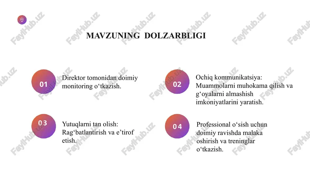 d vazifalar 1. direktor tomonidan doimiy monitoring o‘tkazish. 2. ochiq kommunikatsiya: muammolarni muhokama qilishda maktab psixologining ro‘lini oshirish. 3. yutuqlarni tan olish: rag‘batlantirish va e’tirof etishni to‘g‘ri tashkil qilish. 4. professional o‘sish uchun, boshlang‘ich sinf o‘qituvchilari o‘rtasida 1-4 sinflar kesimida, 5-11 sinf fan o‘qituvchilari o‘rtasida fanlar kesimida trening mashg‘ulotlarini o‘tkazish. mavzu yuzasidan xorijiy davlatlar tajribalari rossiya federatsiyasida pedagoglarning obro‘si va maqomi yuqori, shu sababli ularni o'zaro hurmat va qo‘llab-quvvatlash muhitida ishlashga rag‘batlantirish muhimdir. pedagoglar o‘rtasida jamoaviy ruhni kuchaytirish, ularni birgalikda ishlaydigan va bir-birlariga yordam beradigan jamoaga aylantirish muhimdir. o‘qituvchilarning kasbiy rivojlanishini qo‘llab-quvvatlash uchun turli xil dasturlar va imkoniyatlar taqdim etiladi. germaniya federativ respublikasida jamoaviy o‘qitish usuli keng tarqalgan. o‘qituvchilar birgalikda o‘qitish rejalari, ta’lim materiallari va o‘quv dasturlarini ishlab chiqishadi. bu o‘qituvchilar o‘rtasidagi hamkorlikni mustahkamlashga va bir-birlaridan o‘rganishga yordam beradi. xitoy xalq respublikasida maktab pedagoglar o‘rtasida sog‘lom raqobat muhitini yaratish, g‘arb mamlakatlaridagi tizimlarga nisbatan biroz boshqacha yondashuv bilan amalga oshiriladi. xitoy …