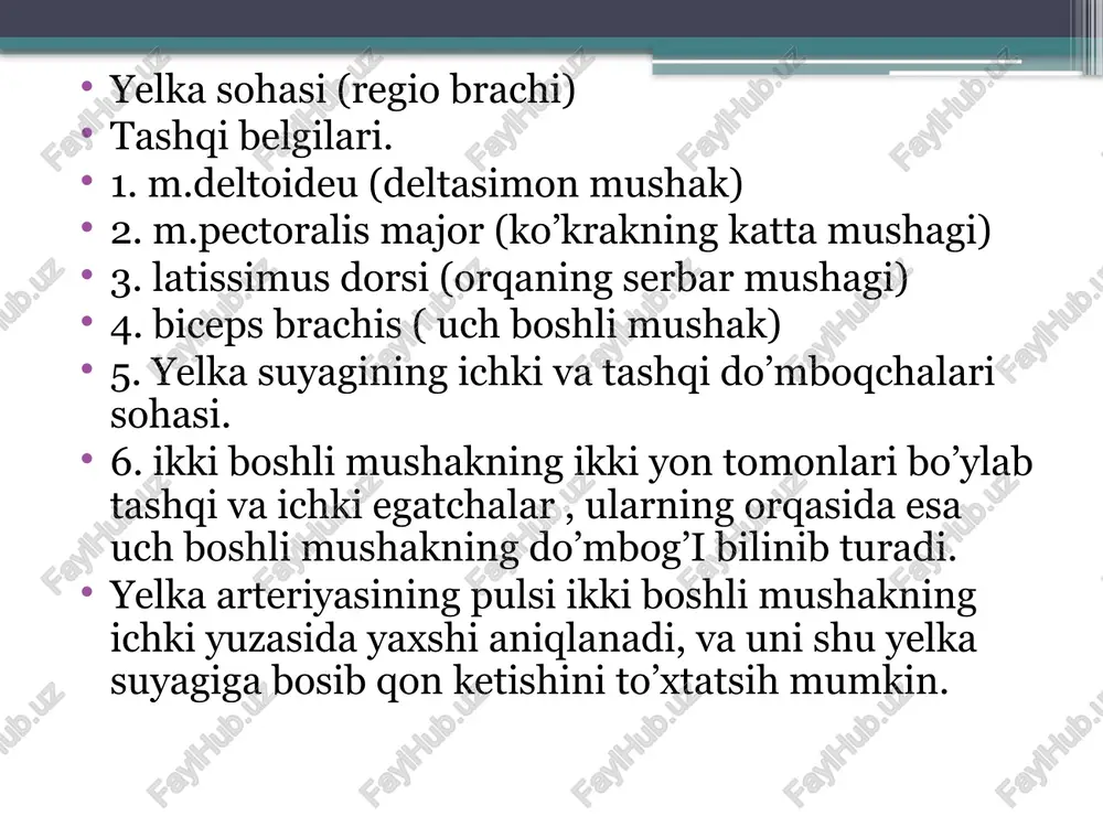 lis lateralis bo’ylab o’tadi, xususiy fassiyaning o’stida yotadi, sulcus deltoidopectoralisga borgandan so’ng shu fassiyaning ostiga o’tadi. v.basilica sulcus bicipitalis medialis dan biroz ichkariroqda n.cutaneus antibrachi medialis bilan birga yelkaning pastki va o’rta qismi chegarasigacha yuzaki fassiyaning o’stidan o’tadi . yelkaning orqa sohasi ( regio brachii posterior) terisi qalin teri osti kletchatkasi yaxshi rivojlangan teri osti kletchatkasida yuqori va pastki lateral nervlari 1.n cutanei brachii lateralis sup et inf. yelkaning orqa teri nervi (n.brachii posterior) va bilakning orqa teri nervi ( n.cutaneus pos) tarmoqlangan. yelka suyagining sinishi ko’pincha uning jarohhlik bo’yinchasi ( collum chirurgicum) sathida yuz beradi. oldingi gurux mushaklari. 1. m. biceps brachii - yelkaning ikki boshli mushagi. uzun boshcha caput longum kurak suyagining tuberculum supraglenoidale burtigidan boshlanadi. kichik boshcha caput breve - kurak suyagining tumshuksimo usimtasi processus coracoideus dan boshlanadi. bu ikki boshcha kushilib, umumiy payni xosil etib, bilak suyagining burtigi tuberositas radii ga birikadi. vazifasi : bilakni tirsak …