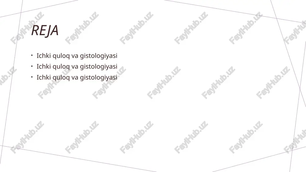 loq kanalidan va yarim doira kanallaridan iborat bo'lib, eshitish va muvozanatni ta'minlashda muhim rol o'ynaydi. 2 asosiy komponentlar ichki quloqda asosiy komponentlar: koklea, vestibular apparat va yarim doira kanallari mavjud. ular birgalikda eshitish va muvozanatni boshqaradi. 3 funksiyalari eshitish va muvozanatni saqlash ichki quloqning asosiy funksiyalaridir. koklea tovushlarni qabul qiladi, vestibular apparat esa tananing holatini aniqlaydi. ichki quloq histologiyasi: hujayralar va to'qimalar tahlili. 1 ichki quloq hujayralari ichki quloqning asosiy hujayralari sensory hujayralar, support hujayralari va vestibular hujayralardir, ular eshitish va muvozanatni ta'minlaydi. 2 to'qimalar tahlili ichki quloq to'qimalari asosan epitelial, nerv va to'qima hujayralaridan iborat bo'lib, ularning tuzilishi va funksiyalari bir-biriga bog'liq. 3 eshitish mexanizmi ichki quloqdagi hujayralar tovush to'lqinlarini qabul qilib, elektr signalga aylantiradi. bu jarayon eshitish funksiyasi uchun juda muhimdir. 4 histologik metodlar ichki quloq hujayralarini o'rganish uchun mikroskopiya va immunohistokimyo metodlari qo'llaniladi, bu esa kasalliklarni aniqlashda yordam beradi. ichki quloq kasalliklari: diagnostika va davolash usullari. ichki …