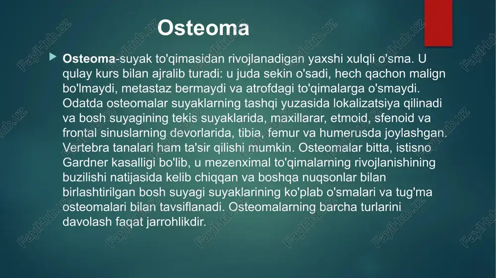 suyak to'qimasidan farq qilmaydi. bosh suyagi va yuz suyaklarida, shu jumladan paranasal sinuslarning devorlarida (frontal, maksiller, etmoid, xanjar shaklida) hosil bo'ladi. boshsuyagi suyaklari sohasidagi osteoma erkaklarda 2 baravar, yuz suyaklari sohasida – ayollarda 3 baravar tez-tez uchraydi. aksariyat hollarda bitta osteomalar aniqlanadi. gardner kasalligida uzun naychali suyaklar sohasida bir nechta osteomalar paydo bo'lishi mumkin. bundan tashqari, bosh suyagi suyaklarining tug'ma ko'p sonli osteomalari ajralib turadi, ular odatda boshqa malformatsiyalar bilan birlashtiriladi. osteomalarning o'zi og'riqsizdir va asemptomatikdir, ammo qo'shni anatomik shakllanishlarni siqib chiqarganda, ular turli xil klinik alomatlarga olib kelishi mumkin – ko'rish buzilishidan epileptik tutilishgacha. osteoma osteoid osteoma ham juda farqlangan suyak o'smasi hisoblanadi, ammo uning tuzilishi oddiy suyak to'qimasidan farq qiladi va osteogen to'qimalarning ko'p qon tomirlangan (tomirlarga boy) qismlaridan, tasodifiy joylashgan suyak nurlari va osteoliz zonalaridan (suyak to'qimasini yo'q qilish) iborat. odatda osteoid osteoma diametri 1 sm dan oshmaydi. bu juda keng tarqalgan va yaxshi xulqli suyak o'smalarining …