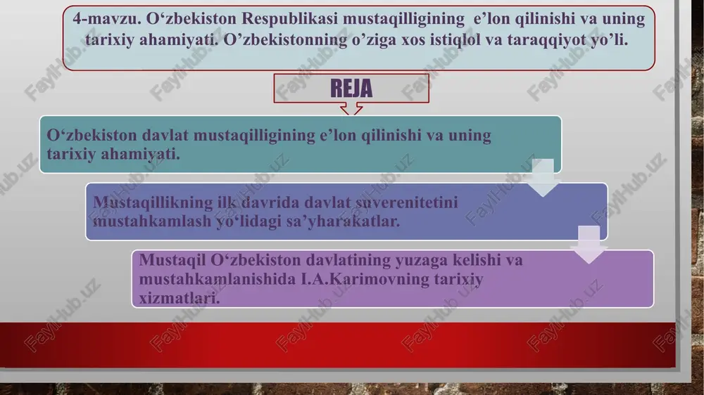 ildi. mustaqillik asoslari to‘g‘risidagi qonunda o‘zbekiston respublikasi to‘la davlat hokimiyatiga ega, o‘zining milliy davlat va ma’muriy-hududiy tuzilishini, hokimiyat va boshqaruv idoralari tizimini mustaqil belgilaydi, davlat chegarasi, hududi daxlsiz va bo‘linmas bo‘lib, uning xalqi o‘z xohish-irodasini erkin bildirmasdan turib o‘zgartirilishi mumkin emas, deb qat’iy qonunlashtirib qo‘yildi. mazkur qonunda respublika hududidagi yer, yer osti boyliklari, suv va o‘rmonlar, o‘simlik va hayvonot dunyosi, tabiiy va boshqa resurslar, respublikaning ma’naviy boyliklari o‘zbekiston respublikasining milliy boyligi, hisoblanadi, deb belgilab berildi. o‘zbekiston respublikasi o‘z hududida oltin, boshqa qimmatbaho metallar va toshlarni qazib chiqarish, qayta ishlash va saqlashni mustaqil amalga oshiradi hamda nazorat qiladi, o‘z oltin zaxirasini yaratadi, — deyiladi bu qonunda. o‘zbekiston respublikasi oliy kengashining 7 sessiyasi 1991-yil 30-sentabr kuni «o‘zbekiston respublikasining davlat mustaqilligi asoslari to‘g‘risida»gi qonunga konstitutsiyaviy qonun maqomini berishga qaror qildi. jumladan, unda shunday deyiladi: «o‘zbekiston respublikasining davlat mustaqilligi asoslari to‘g‘risida» 1991-yil 31-avgustda qabul qilingan o‘zbekiston respublikasining qonuniga konstitutsiyaviy maqom berilsin. o‘zbekiston respublikasining amaldagi …
