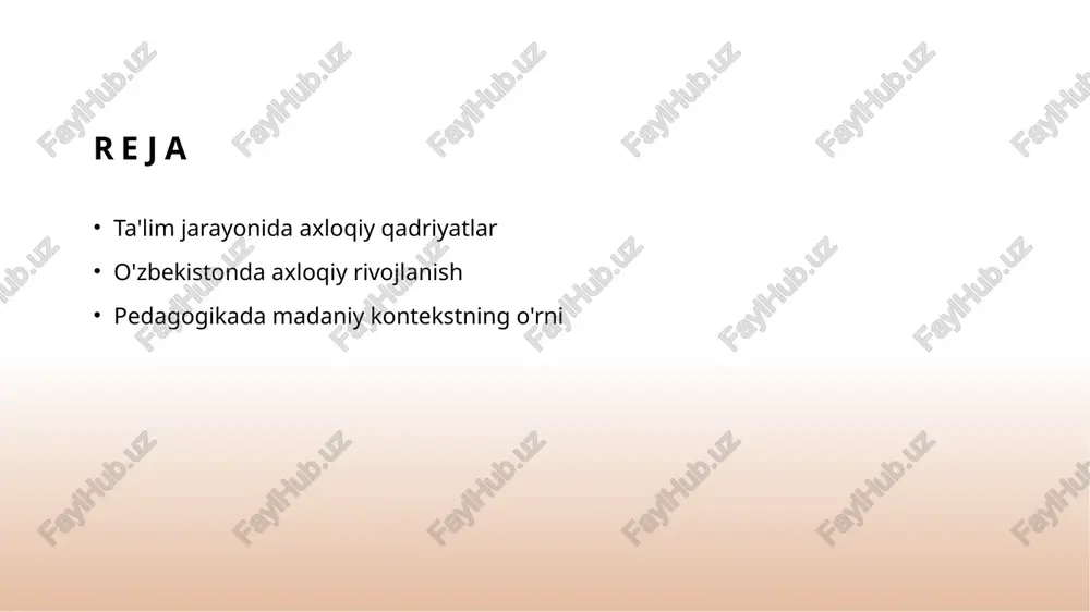 orqali o'quvchilarga amaliy misollar keltiriladi. 4 o'qituvchilar roli - o'qituvchilar axloqiy qadriyatlarni o'rgatishda namuna bo'lishi kerak, ularning axloqiy xulq-atvori o'quvchilarga ko'rsatma beradi va ularga ta'sir qiladi. o'zbekistonda axloqiy rivojlanishning tarixi va an'analari. o'zbekistonda axloqiy rivojlanish tarixi o'zbekistonda axloqiy rivojlanish qadimiy an'analar va din vositasida shakllangan. tarixiy manbalar axloqiy tushunchalarni shakllantirishda muhim rol o'ynadi. an'anaviy qadriyatlar o'zbek jamiyatida mehnatsevarlik, samimiylik va o'zaro yordam kabi qadriyatlar o'rnashgan. bu qadriyatlar ta'lim jarayonida axloqiy asoslarni mustahkamlaydi. zamonaviy ta'sirlar mustaqillikdan so'ng, axloqiy rivojlanishga zamonaviy ta'lim metodlari va g'oyalar ta'sir ko'rsatdi. bu davrda axloqiy qadriyatlar global kontekstda ham o'rganilmoqda. axloqiy qadriyatlar: o'zbek ta'lim tizimidagi o'rni va ahamiyati. 01 axloqiy qadriyatlar o'zbek ta'lim tizimida axloqiy qadriyatlar, talabalar va o'qituvchilar o'rtasida ijtimoiy munosabatlarni mustahkamlashda muhim rol o'ynaydi. 02 ta'lim metodlari o'zbek pedagogikasida axloqiy qadriyatlar ta'lim metodlarida faol qo'llaniladi, bu esa o'quvchilarning axloqiy rivojlanishini ta'minlaydi va ularga mas'uliyat hissini oshiradi. 03 madaniy meros o'zbekistondagi axloqiy qadriyatlar, madaniy meros va …