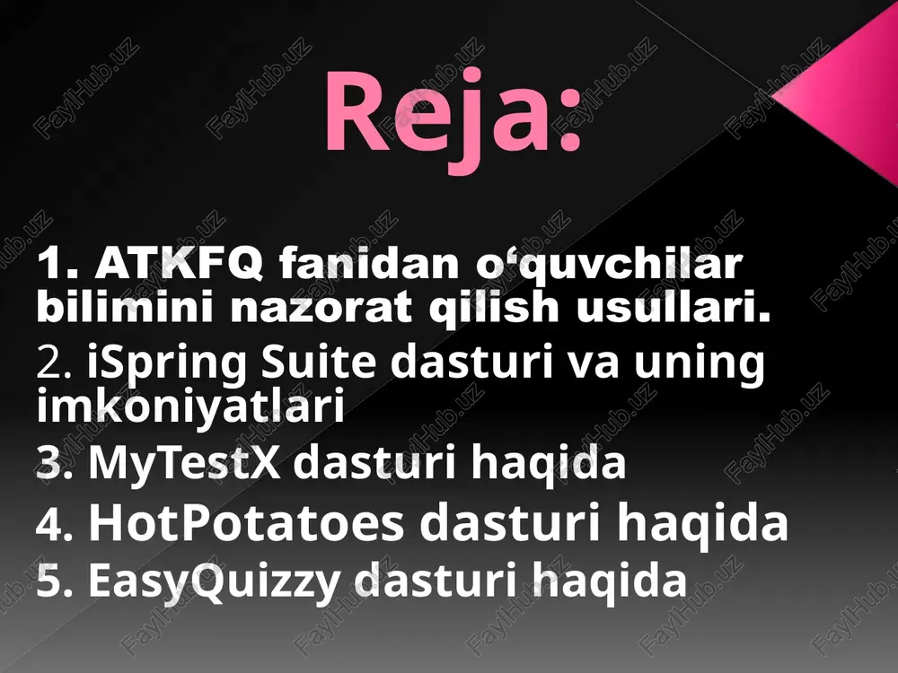 tini sonli formada kiritish (sonni kiriting). 8. propuski. matn tarkibida bo‘sh qolgan o‘rinlarni mos javoblar bilan to‘ldiring. 9. vlojennie otveti. ochiluvchi ro‘yxatdan to‘g‘ri javob variantini tanlang. 10. bank slov. bo‘sh qolgan o‘rinlarni «bank slov» tarkibidagi variantlar yordamida to‘ldiring. 11. aktivnaya oblast. tasvirdagi to‘g‘ri maydonni ko‘rsatish kabilar. ispring suite dasturi va uning imkoniyatlari ingliz tilidan tarjima qilingan-ispring suite - bu ispring solutions tomonidan ishlab chiqarilgan powerpoint-ga asoslangan mualliflik vositalari to'plami bo'lib, u foydalanuvchilarga slaydlarga asoslangan kurslar, viktorinalar, dialog simulyatsiyalari, skrinshotlar, video ma'ruzalar va boshqa interaktiv o'quv materiallarini yaratishga imkon beradi. elektron axborot ta’lim resurslarini yaratishda keng ishlatilib kelinayotgan dasturiy ta’minotlardan biri ispring dasturi hisoblanadi.odatda, taqdimotni o‘tkazishga tayyorlanish jarayonida aksariyat hollarda microsoft powerpoint dasturiy ta’minotidan foydalaniladi. ammo bunday taqdimotlar faqat mazkur mahsulot formatidagina bo‘lishi mumkin (ppt, pptx). hozirgi vaqtda internet texnologiyalarining rivojlanishi va o‘z navbatida, masofali ta’lim turining paydo bo‘lishi natijasida taqdimot fayllarini internet brauzerining o‘zida onlayn ravishda to‘g‘ridan-to‘g‘ri ko‘rish uchun flash …