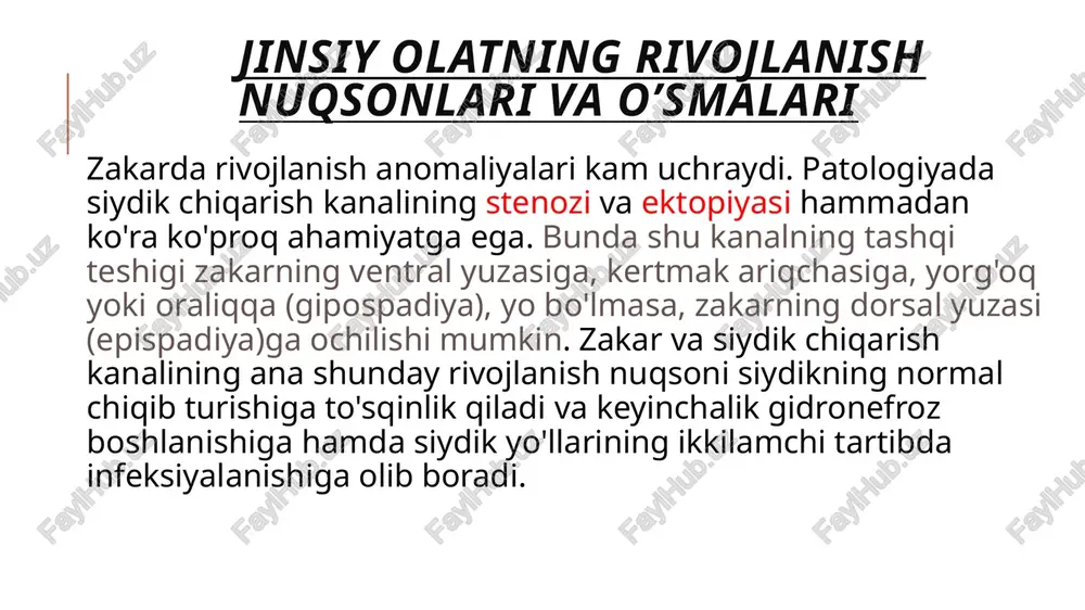 rtibda infeksiya qo'shilishi ham mumkin. ba'zida rak so'rg'ichsimon o'simtalar ko'rinishida bo'ladi yoki qo'ziqorinsimon shaklga kiradi. uning gistologik tuzilishi boshqa joylarda uchraydigan yassi hujayrali rak bilan deyarli bir xil. metastazlari aksari regionar limfa tugunlarida (chov va yonbosh limfa tugunlarida) paydo bo'ladi. uzoq joylarda paydo bo'ladigan metastazlari kam ikkala moyakning bo'lmasligi anorxizm bir moyakning bo'lmasligi monorsizm qo'shimcha moyak bolishi poliorsizm moyak patalogiyasi moyaklar atrofiyasi moyakning odatdagi shakli saqlanib qolgani holda jussası kichrayishi. embrion davridagi patalogiyalar va tug'ilishdan keyin (och qolish, moyakning chov kanalida turib qolishi, intoksikatsiya, o'smadan bosilib qolishi, endokrin kasalliklar, orxit va boshqalar) moyak atrofiyasi tafovut qilinadi. oxirgi bosqichi burama urug' kanalchalarining tubulyar sklerozga uchrab, yo'lining butunlay bitib ketishidir. moyak gipertrofiyasi : moyakning o'ralib qolishi, yallig'lanishi (orxit), noyak o'smalari, churralari, gidrotsele, gematotseleda kuzatilishi mumkin. gidrotsele (moyak pardalari istisqosi) moyak qin pardasshshng pariyetal va visseral plastinkalari orasida seroz suyuqlik to'planib borishi. gematotsele (qonli o'sma) moyak qin pardasining pariyetal yoki visseral plastinkalari orasida …