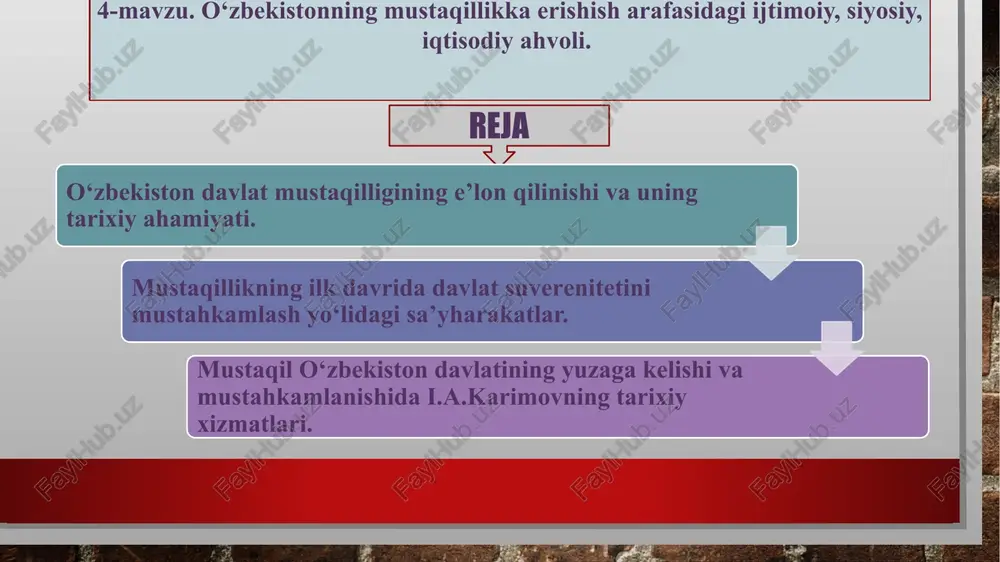 iston respublikasi to‘la davlat hokimiyatiga ega, o‘zining milliy davlat va ma’muriy-hududiy tuzilishini, hokimiyat va boshqaruv idoralari tizimini mustaqil belgilaydi, davlat chegarasi, hududi daxlsiz va bo‘linmas bo‘lib, uning xalqi o‘z xohish-irodasini erkin bildirmasdan turib o‘zgartirilishi mumkin emas, deb qat’iy qonunlashtirib qo‘yildi. mazkur qonunda respublika hududidagi yer, yer osti boyliklari, suv va o‘rmonlar, o‘simlik va hayvonot dunyosi, tabiiy va boshqa resurslar, respublikaning ma’naviy boyliklari o‘zbekiston respublikasining milliy boyligi, hisoblanadi, deb belgilab berildi. o‘zbekiston respublikasi o‘z hududida oltin, boshqa qimmatbaho metallar va toshlarni qazib chiqarish, qayta ishlash va saqlashni mustaqil amalga oshiradi hamda nazorat qiladi, o‘z oltin zaxirasini yaratadi, — deyiladi bu qonunda. o‘zbekiston respublikasi oliy kengashining 7 sessiyasi 1991-yil 30-sentabr kuni «o‘zbekiston respublikasining davlat mustaqilligi asoslari to‘g‘risida»gi qonunga konstitutsiyaviy qonun maqomini berishga qaror qildi. jumladan, unda shunday deyiladi: «o‘zbekiston respublikasining davlat mustaqilligi asoslari to‘g‘risida» 1991-yil 31-avgustda qabul qilingan o‘zbekiston respublikasining qonuniga konstitutsiyaviy maqom berilsin. o‘zbekiston respublikasining amaldagi konstitutsiyasi moddalariga «o‘zbekiston respublikasining davlat …