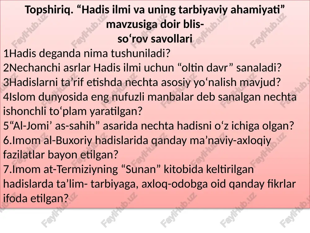 imonning afzali topshiriq. “hadislar - tarbiya manbai” mavzusida asoslangan esse yozish. topshiriqni bajarish tartibi: mazkur mavzu yuzasidan o‘z nuqtai nazaringizni bayon eting. nuqtai nazaringizni asoslash uchun dalillar kiriting. mavzu yuzasidan aniq xulosalar chiqaring. mustaqil ta’lim topshirig’i. imom al-buxoriyning pedagogic g’oyalari. abu abdulloh ibn ismoil al-buxoriyning “al-adab al-mufrad” kitobidan 20 ta hadisni ko’chirib yozish topshiriq: 1. hadis ilmining bugungi ta’lim-tarbiyadagi o’rni? 2. hadis ilmini talib etishda nechta yo’nalish qabul qilingan? adabiyotlar: xrshimov k., nishonova c., pedagogika tarixi. darslik - t.: ukituvchi, 2005. xrshimov k., nishonova s., inomova m., xdsanov r. pedagogika tarixi. - t.: ukituvchi, 1996.. xrshimov k., safo ochil. uzbek pedagogikasi antologiyasi. - t.: ukituvchi, 2010. niyozov g., axmedova m. pedagogika tarixidan seminar mashgulotlari. - t.: noshir, 2011. abu nasr forobiy. fozil odamlar shaxri. -t.: adodiriy nomidagi xalk merosi nashriyoti, 1993. iskandarov b. urta osiyoda falsafiy va ijtimoiy-siyosiy fikrning shakllanishi va rivojlanishi tarixidan lavxalar. - t.: uzbekiston, 1993. /docprops/thumbnail.jpeg