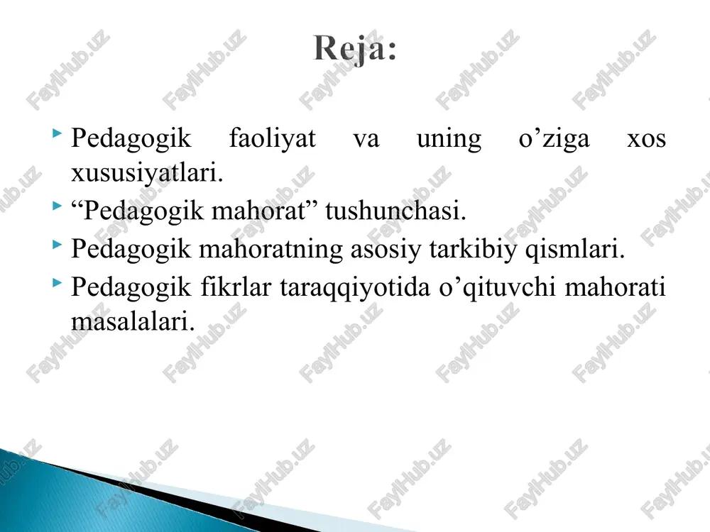 g harakat vositasidir. a.xoliqov tomonidan e’tirof etilganidek, o‘qituvchining pedagogik faoliyatida ijobiy nati­ja­larga erishishi, mehnat malakasini, ya’ni egallagan bilimlarini o‘zining hayotiy va amaliy faoliyatida nechog‘lik qo‘llay bilishi bilan belgilanadi. pedagogik faoliyat turlari tarbiyaviy ish o’qitish tarbiyaviy ish – bu tarbiyaning tizimliligi, to’laligi, uzviyligi va uzluksizligidir. tarbiyaviy ish tarbiyalanuvchilarning muaiyan faoliyatini tashkil etuvchi va amalga oshiruvchi shakldir. tarbiyaviy ishning asosiy xususiyati – zaruriylik, foydalilik va tatbiq etish imkoniyatidan iborat. o’qitish – qo’yilgan maqsadga erishishga yo’naltirilgan pedagog bilan o’quvchilarning tartiblangan o’zaro harakatidir. o’rgatish – o’qitish maqsadini amalga oshirish bo’yicha pedagogning tartiblangan faoliyatini aks ettirsa, o’rganish anglash, mashq qilish, va egallangan tajribalar asosida xulq-atvor va faoliyatning yangi shakllarini egallash jarayoni bo’lib, avval egallanganlari o’zgaradi. pedagogik faoliyat bu mazmunini o’quvchilarni o’qitish, tarbiyalash, rivojlantirish tashkil qilgan faoliyatdir. shuni yodda tutish kerakki, pedagogik faoliyat bu bir tomonlama emas, balki ikkitomonlama (hamkorlikdagi) faoliyatdir. unda ikkita faol tomon ishtirok etadi: o’qituvchi – o’quvchi (o’quvchi). maqsad – o’quvchi, o’quvchi shaxsi, …