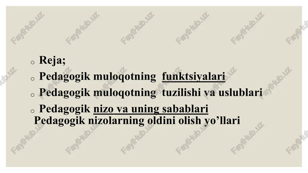 ydo bo‘lishini oldini oladigan, bolalar jamoasida ijtimoiy-psixologik jarayonlarni to‘g‘ri yo‘lga solib boshqarishni ta’minlaydigan va o‘quv tarbiyaviy jarayonda o‘qituvchining o‘z pedagogik mahoratidan oqilona foyda­lanishi uchun imkoniyatlar yaratadigan muhim vositadir. pedagogik faoliyatda muloqot o‘quvchilarga zamon talablari asosida ta’lim berish vazifalarini hal qilish vositasi, tarbiyaviy jarayon­larni ijtimoiy-pedagogik jihatdan ta’minlash tizimi sifatida namoyon bo‘ladi. pedagogik muloqot ijtimoiy-psixologik jarayon sifatida quyidagi funktsiyalar bilan xarakterlanadi: shaxsni o‘rganish (bilish), axborot almashish va faoliyatni tashkil etish. muloqotning axborot almashish funktsiyasi ma’naviy boylik va yangiliklar bilan o‘rtoqlashish jarayonini rivojlantirish uchun ijobiy ishtiyoqlar, hamkorlikda ishlash va fikrlash uchun sharoitlar yaratishdan iborat. rollar almashinishi yordamida muloqot o‘rnatish esa ularda u yoki bu ijtimoiy shakllanib qolgan xatti-harakatni dasturlaydi. o‘qituvchilar o‘quv-tarbiyaviy jarayonda shaxs-rol shaklidan foydalanadilar: darsning ayrim elementlarini bajarishga o‘quvchilarni taklif qiladilar. bunda o‘quvchilar tomonidan o‘z shaxsi (men)ni, o‘z qadr-qimmatini, shaxsini munosib baholash va kelajagini tasavvur eta bilish uchun intilishlarini ta’minlash imkoniyati tug`iladi. muloqotning eng muhim funktsiyalaridan biri – hamdard bo‘lishdir. u boshqa …