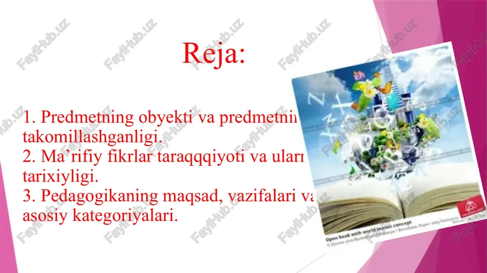 i rivojlantirish vazifasini hal etadi. abu nasr farobiyning asarlaridagi pedagogik fikrlar: asarlari: “baxt saodatiga erishuv to’g’risida”, “fozil odamlar shahri”, “aql ma’nolari haqida”, “shaharni o’rganish haqida” va boshqalar farobiy birinchi bo’lib ta’lim va tarbiyaga ta’rif bergan olimdir: ta’lim – so’z va o’rganish bilangina amalga oshiriladi. tarbiya – esa amaliyot, ish – tajriba bilan amalga oshiriladi. ta’lim – tarbiya ikki yo’l bilan amalga oshiriladi: qanoatbaxsh, ilhomlantiruvchi so’zlar va majbur etish. har kimki ilm, hikmatni desa, uni yoshligidan boshlasin, so’zining ustidan chiqsin, yomon ishlardan saqlanadigan bo’lsin, hiyonat, makr va hiylalardan uzoq bo’lsin, diyonatli bo’lsin, ilm va ahli ilmdan mol – dunyosini ayamasin. abu rayhon beruniyning ilmiy – pedagogik qarashlari asarlari: “mineralogiya”, “geodeziya”, “hindiston”, qadimgi xalqlardan qolgan qolgan yodgorliklari”, “saydana” va boshqalar. beruniy insonni tabiatning eng oliy kamoloti deb qaraydi. u insonning ma’naviy qiyofasidagi barcha axloqiy xislatlarni yaxshilik va yomonlik kabi ikki turga bo’ladi: beruniy ta’limotiga ko’ra inson kamolotida uch narsa muhim ro’l o’ynaydi: …