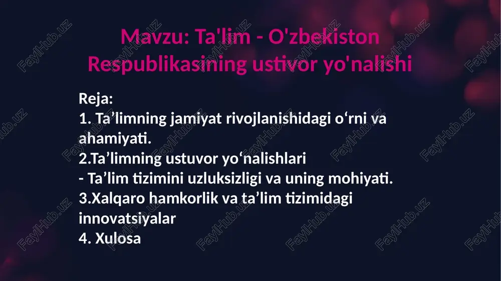 mkin. milliy va global uyg‘unlik: ta'lim milliy madaniyatni rivojlantirish bilan birga global madaniyat va boshqa xalqlar bilan muloqotga yo‘l ochadi. 4. barqaror rivojlanishda ta'limning roli ekologik ongni shakllantirish: ta'lim orqali ekologik muammolar bo‘yicha xabardorlikni oshirish va barqaror rivojlanishga xizmat qiluvchi ko‘nikmalarni shakllantirish mumkin. inson resurslarini rivojlantirish: yangi avlodni jahon talablari darajasidagi bilim va ko‘nikmalar bilan ta'minlash barqaror rivojlanishni ta'minlaydi. o‘zbekiston respublikasi ta’lim tizimining rivoji davlat siyosatining ustuvor yo‘nalishlaridan biri bo‘lib, u zamonaviy bilimli, malakali va vatanparvar yoshlarni tarbiyalashga qaratilgan. quyida ta’limning asosiy ustuvor yo‘nalishlari yoritib beriladi: 1. ta’lim sifatini oshirish zamonaviy texnologiyalarni joriy etish: ta’lim jarayonida raqamli texnologiyalar va innovatsion usullardan foydalanish kuchaytirilmoqda. masofaviy ta’lim tizimlari ham rivojlanmoqda. o‘quv dasturlarining yangilanishi: ta’lim mazmunini xalqaro standartlarga moslashtirish, amaliy ko‘nikmalarni rivojlantirishga qaratilgan dasturlar ishlab chiqilmoqda. pedagoglar malakasini oshirish: o‘qituvchilarning kasbiy mahoratini oshirish va zamonaviy bilimlarni egallashlari uchun maxsus o‘quv kurslari tashkil etilmoqda. 2. ta’lim tizimining uzluksizligi maktabgacha ta’lim: 3-7 yoshdagi bolalarni maktabgacha …