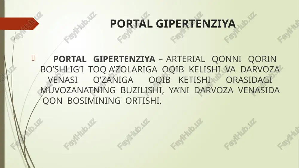 ent assit jigar o’lchami kichraygan, atrofiyalangan jigar yetishmovchiligi diagnostika ezofagogastroduodeno-fibroskopiya kontrastli rentgenografiya (bariy sulfat) dopplerografiya davolash varikoz kengaygan venalardan qon ketishni davolash: i. konservativ davo. oktreotid – 0,01% 1ml, vena ichiga, 3marta kuniga, №5 vazopressin – terlipressin – endoskopik terapiya skleroterapiya ligatura qo’yish iii blekmor-seynstaken zondi varikotsin trombovar ligatura qo’yish blekmor-seynstaken zondi xirurgik davo portosistem anastomoz endovaskulyar usullar: taloq arteriyasini surunkali embolizatsiyasi qizilo’ngach va medaning varikoz kengaygan venalarni o’tkir embolizatsiyasi e t i b o r i n g i z u c h u n r a h m a t ! ! ! image1.png image2.jpeg image3.jpg image4.jpg image5.jpg image6.jpg image7.png image8.png image9.jpg image10.png image11.png image12.jpg image13.jpg image14.png image15.jpg /docprops/thumbnail.jpeg