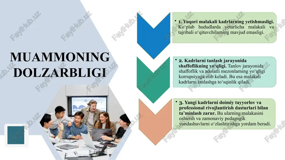 odimlarga bo’lgan ehtiyojlarni aniqlash va ularni tanlash bu liderning oldida turgan eng muhim vazifalardan biri ekanligini takidlaydi https://packpdf.com/books/uzbek/11075-o-xasanov-liderlar-kitobi xoliqov a. pedagogik mahorat. toshkent. iqtisod-moliya 2011 buyuk allomalarimizdan abdurahmon jomiy o'z asarlarida tarbiyachi-muallim faoliyatiga quyidagicha ta’rif beradi: "muallim bilimli, aqlli, adolatli, o'zida butun yuksak fazilatlarni mujassamlashtirgan bo'lishi kerak. o'zini nomunosib tutgan odam hech vaqt bolalarga bilim va odob bera olmaydi https://library.navoiy-uni.uz/files/a.xoliqov.pedagogik%20mahorat.pdf mavzuning maqsadi maktabda salohiyatli kadrlarni tanlab olish mexanizmini yo`lga qo`yish . mavzuning vazifasi 1. ochiq tanlov jarayonlarini tashkil etish. salohiyatli kadrlarni tanlab olish maqsadida tanlov mezonlarini ishlab chiqish. 2. yuksak salohiyatli kadrlarni tanlashda xorij tajribasidan foydalanish va matabga tatbiq etish. 3. o‘qituvchilarning professional rivojlanishini qo‘llab quvvatlash. erishgan yutuqlarining natijasiga qarab moddiy hamda ma’naviy rag‘batlantirish ishlarini olib borish. 4. salohiyatli kadrlarni tanlab olish bo`yicha oliy ta`lim muassasalari bilan doimiy aloqalarni yo`lga qo`yish. muammo yuzasidan xorijiy tajribalarni o‘rganilganligi avstraliya xususiy va davlat maktablari uchun ingliz tilida so'zlashuvchi o'qituvchilar talab qilinadi.avstraliyada oʻqituvchi boʻlish …