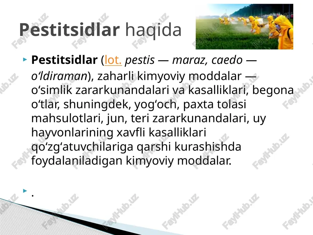 dlar va qo'ziqorin, mog'or va chiriyotganga qarshi fungitsidlar. eng ko'p qo'llaniladigan pestitsidlar fungitsidlar— zamburugʻlar qoʻzgʻatuvchi kasalliklar-ga: bakteritsidlar — bakteriyalarga; gerbitsidlar — qishloq xoʻjaligi ekinlari orasidagi begona oʻtlarga; arboritsidlar — buta va chala buta oʻsimliklarga qarshi qoʻllaniladigan vositalar; attraktantlar — hasharotlarni jalb qiluvchilar, epellentlar— hasharot va qushlarni choʻchitadigan moddalar, algitsidlar — suvoʻtlarga qarshi qoʻllaniladigan preparatlar va hokazo.. davomi… p.ning organizm ichiga kirish yoʻli va taʼsir qilish harakteriga koʻra tasniflashga zararkunandalarning oziqlanishi asos boʻladi. masalan, kemiruvchi ogʻiz apparatiga ega boʻlgan hasharotlar (chigirtkalar, qoʻngʻiz lichinkalari va yetuk shakllari, kapalak qurtlari)ga moddalar ularning ogʻzi orqali ichiga tushganida, sanchib-soʻruvchi ogʻiz apparatli hasharot (oʻsimlik bitlari, qandalar)ga esa zaharli vositalar ular tanasiga tekkanida, yaʼni teri qoplami orqali (sirtdan taʼsir qiluvchi p.) taʼsir ; bugʻ yo gaz holidagi zaharli kimyoviy moddalar nafas yoʻllari orqali, shuningdek, oʻsimlik yoki hayvon shirasi bilan oziqlanadigan hasharotlar toʻqima-siga osongina singib, zaharlaydi. qanday zaharlaydi? pestitsidlar, odatda, odamlar uchun gerbitsidlarga qaraganda ancha zaharli. ko'p miqdorda …