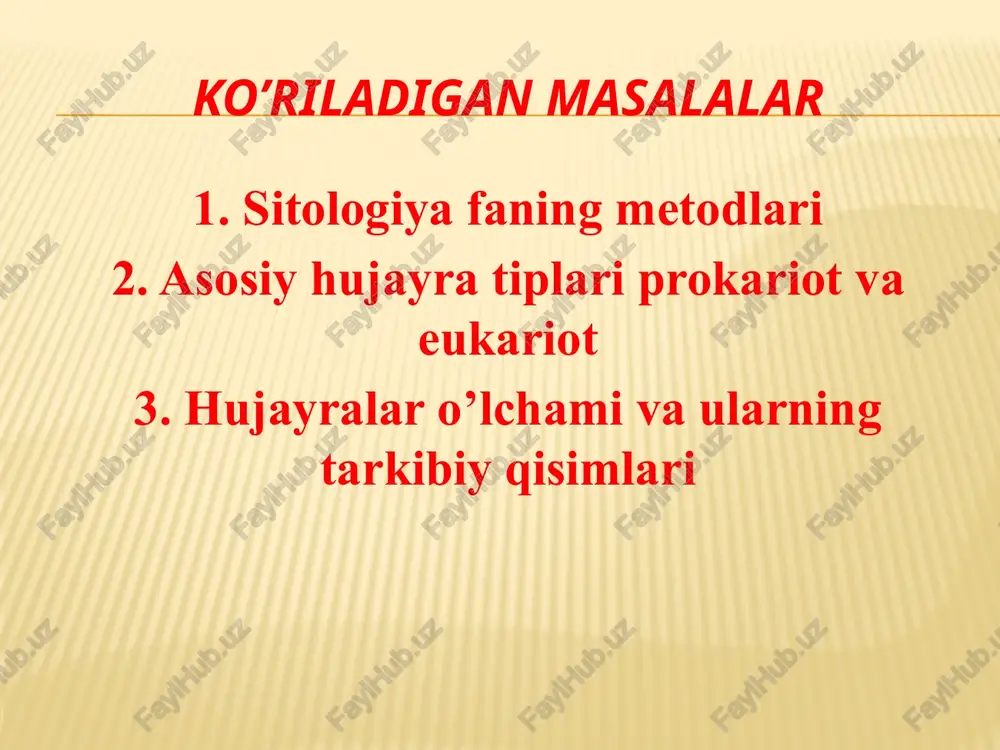 qo’yadi. 7. tirik hujayralarni tekshirish metodlari- bir necha tarmoqlarga bo’linadi: to’qimalar kulturasi metodi, hujayra klonini olish metodi, to’qimalarni o’stirish, tirik hujayralarni bo’yash metodlari. 8. mikrokinosyomka metodi. 9. mikroxirurgiya metodi asosiy hujayra tiplari prokariot va eukariot qaysi hujayra va organizmda metobolizm , kopayish, harakatlanish kabi jarayonlar sodir bo’lib tursa u tirik hisoblanadi.tiriklikning ikki hil hujayraviy va hujayrasiz shakillari tafovut etiladi. hujayradan tashkil topgan tirik tabiat olamining barcha organizmlari ikki yirik guruhga bo’linadi: 1. prokariotlar (pro- avvalgi, karion yadro) bakteriyalar, ko’k yashil suv o’tlari, yadrosiz hujayralar. ularinng oziqlanishi geteratrof, ham aftotrof yoki fototrof jarayonlar bilan boradi. ko’payishi jinssiz. 2. eukariotlar bir hujayralilar zamburug’lar, o’simlik va hayvon hujayralari. bakteriyaning tuzilishi belgilari prokariot eukariot yadro qobig’i yo’q bor dnk yoyilgan (bakteriya xromosomasi) shakillangan dnk xromosomada joylashgan mitoz yo’q bor meyoz yo’q bor gametalar yo’q bor mitoxondriya yo’q bor plastidalar yo’q bor oziqlanishi adsorbsiya (membrana orqali) fagositoz, pinositoz hazm vakuolasi yo’q bor xivchin bor bor …