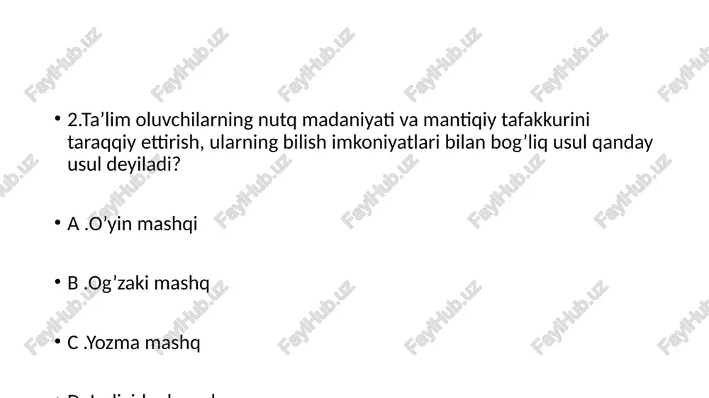 glatadi? a. o’quvchilar bilish faoliyatini boshqarishni; b. bilimlarni tashxis qilishni; c. bilimlarni o’zlashtirishni; d. o’quvchilar bilimlarni nazorat qilishni. ‹#› 7. darsda o’qituvchining e’tibori bir necha o’quvchiga qaratilsa, bu vaqtda qolgan o’quvchilar mustaqil ishlasalar ta’limning bunday shakli qanday ataladi? a.individual b.individual-guruhli s. ommaviy d.guruhiy ‹#› 8. kasbga yo’naltirishning tarkibiy qismlarini aniqlang. 1)kasbiy ta’lim berish; 2)kasbni sevish; 3) kasbiy bilim berish; 4)kasbiy mashq; 5)kasbiy konsultatsiya; 6)kasbga moslashuv a. 1,3,4,5,6 b. 1,3,4,6 s. 1,3,5,6 d. 1,2,4,5,6 ‹#› 9. qaysi ta’lim turi o’quvchining bilim egallashi yo’lida har bir qadamni nazorat qilishga imkon beradigan, o’z vaqtida yordam ko’rsatish, qiyinchiliklarni oldini olish, qiziqishni yo’qotmaslik, salbiy oqibatlarning oldini olishga imkon beruvchi o;quv jarayonini texnologiyasini yaratishga yo’naltiriladi? a.muammoli ta’lim b.an’anaviy ta’lim s. dasturiy ta’lim d. tushuntirishli ta’lim ‹#› 10. pedagogik adabiyotlar va maktab amaliyotida o’quvchilar o’quv faoliyatini tashkil etishning qanday asosiy shakli qabul qilingan? a. tabaqalashgan, individual, ommaviy b.ommaviy, guruhli, individual s.yakka-guruhiy, ommaviy, individual d.integratsiyalashgan, yakka, guruhiy ‹#› …
