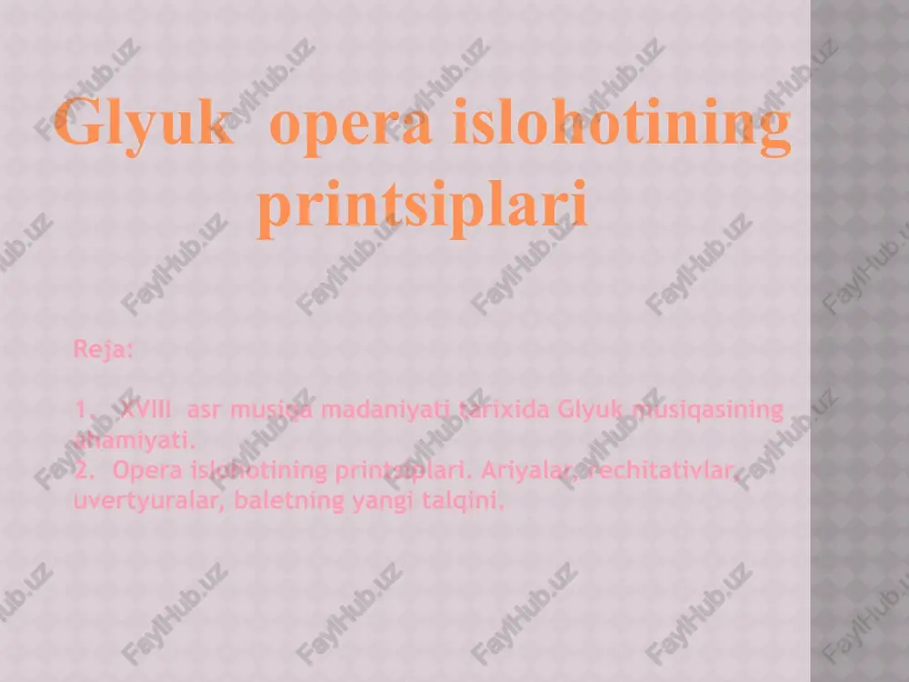 ey”ni yaratadi . ammo vena amaldorlari uning bu operasiga sovuqqonlik nuqtai nazari bilan qarashdi. glyuk o`zining ijodini parij shahrida davom ettira boshladi. parijda u “ ifigeniya v avlide” 1774-yil, “ armida” 1777-yil, “ ifigeniya v tavride”, 1779-yil operalarini yaratdi . glyuk 1787-yili 15-noyabrda vena shahrida olamdan ko`z yumdi. “orfey” operasi 3 aktdan iborat bo`lib libretto ya`ni matnini yozuvchi r. kaltsabidji yozgan. yaratilish tarixi –ko`pgina operalarning sevimli antik mavzusi bo`lgan orfey va evridika nomli sevishganlar xaqidadir. bu antik syujetni peri kachchini monteverdi landi asarlarida ham ko`rish mumkin. glyuk bu antik syujetni yangicha obrazda talqin etdi.glyuk “orfey” operasidagi ro`yobga chiqargan birinchi reformasini o`zining mashshaqatli mehnat orqasidan to`plagan tajribasiga tayanib yaratdi. bu operaning birinchi namoyishi 1762-yil vena shahrida bo`lib o`tdi .”orfey” operasi xaqiqatdan ham glyuk ijodiyotidagi durdona asarlardan biri hisoblanadi. xviii asr musiqa madaniyati tarixida glyuk musiqasining ahamiyati. glyuk operalari librettosi uchun antik va o`rta asr syujetlari asos bo`lib xizmat qilgan. glyuk operalaridagi …