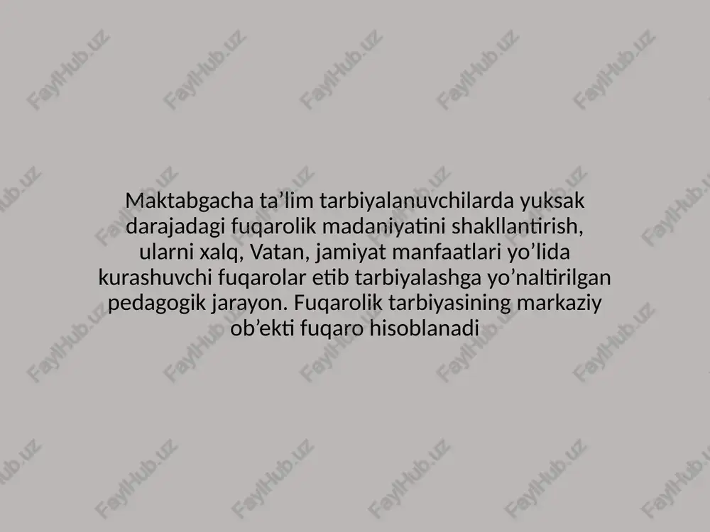 etishga, boshqa kishilarning huquqlari, erkinliklari, sha’ni, qadr-qimmatini hurmat qilish; • o’zbekiston xalqining tarixiy, ma’naviy-madaniy merosini avaylab asrash; • fuqarolar tabiiy atrof-muhitga ehtiyotkorona munosabatda bo’lish; • qonunlar bilan belgilangan soliqlar va mahalliy yig’imlarni to’lash; • o’zbekiston respublikasini himoya qilish. fuqarolik-huquq me'yorlari quyidagi hujjatlarda batafsil yoritilgan: bola huquqlari deklaratsiyasi (1959). birlashgan millatlar tashkilotining bola huquqlari to'g'risidagi konventsiyasi (1989). bolalar hayotini saqlab qolish, himoya qilish va rivojlantirish bo'yicha umumjahon deklaratsiyasi (1990). maktabgacha yoshdagi bolalar uchun ushbu qonunlar haqida ma'lumotni taqdim etish juda muhimdir. maktabgacha yoshdagi katta yoshdagi (6-7 yosh) bolalar uchun huquqiy ta'lim berish tavsiya etiladi. trening shakllari mavjud bo'lishi kerak bir noodatiy suhbat, o'yin yoki o'qituvchi bilan bolaning o'zaro aloqasi orqali. bolada jamiyatdagi o'z o'rnini anglash, imkoniyat va ularning qabul qilinadigan chegaralarini tushunishlariga yordam berish kerak. axloqiy xulq-atvorni, aloqa axloqini o'rgatish. vatani, davlati kimligini tushuntirib, o'z ona yurtining va boshqa davlatlar va millatlarning tarixi va urf-odatlari bilan tanishib chiqing. maktabgacha tarbiyachilarning huquqiy …