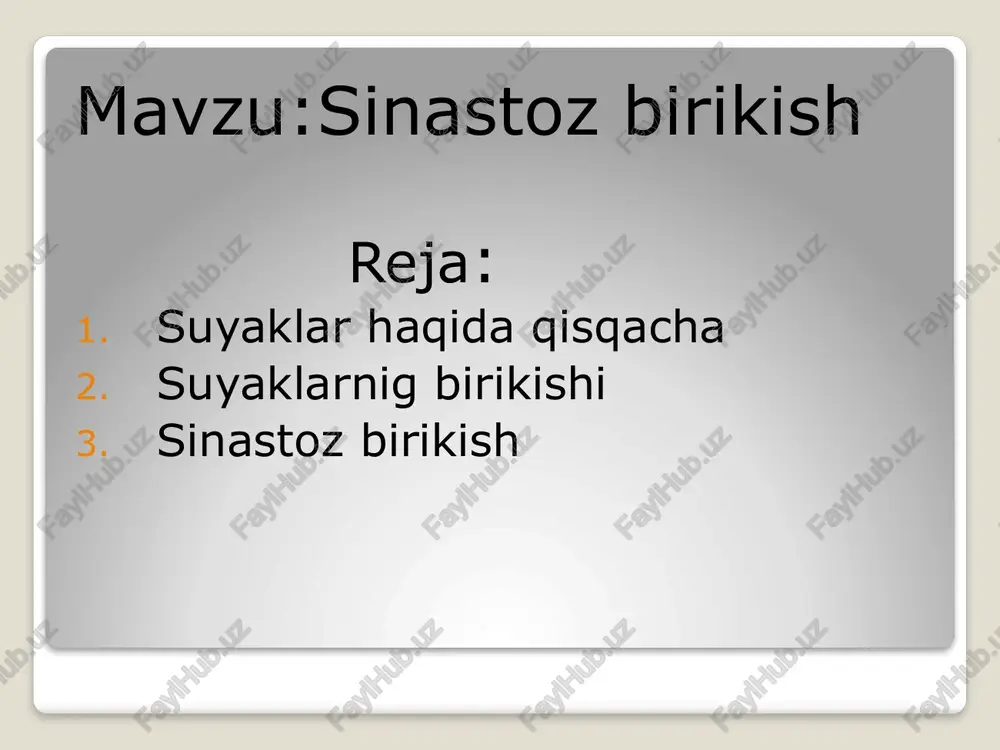 birikadi. bu birikishni, asosan, 2 gruppaga: oraliqsiz — uzluksiz birikish, ya`ni sinartroz oraliqli birikish, ya`ni diartrozga bo’lish mumkin. sinartroz birikish qo’proq umurtqali hayvonlarda, diartroz birikish odamda, yuksak darajada tuzilgan hayvonlarda uchraydi. harakatchan bo’g’imlar bilan suyaklarning birikishi tarixiy taraqqiyot natijasida kelib chiqqan. suyaklarning bir-biri bilan suyak modda yordamida birikishi sinastoz, tog’ay yordamida birikishi sinxondroz, biriktiruvchi to’qima yordamida birikishi sindesmoz deyiladi. suyaklar muskul yordamida birikishi ham mumkin. e’tiboringiz uchun raxmat image2.jpeg image3.jpeg image4.jpeg image5.jpeg /docprops/thumbnail.jpeg