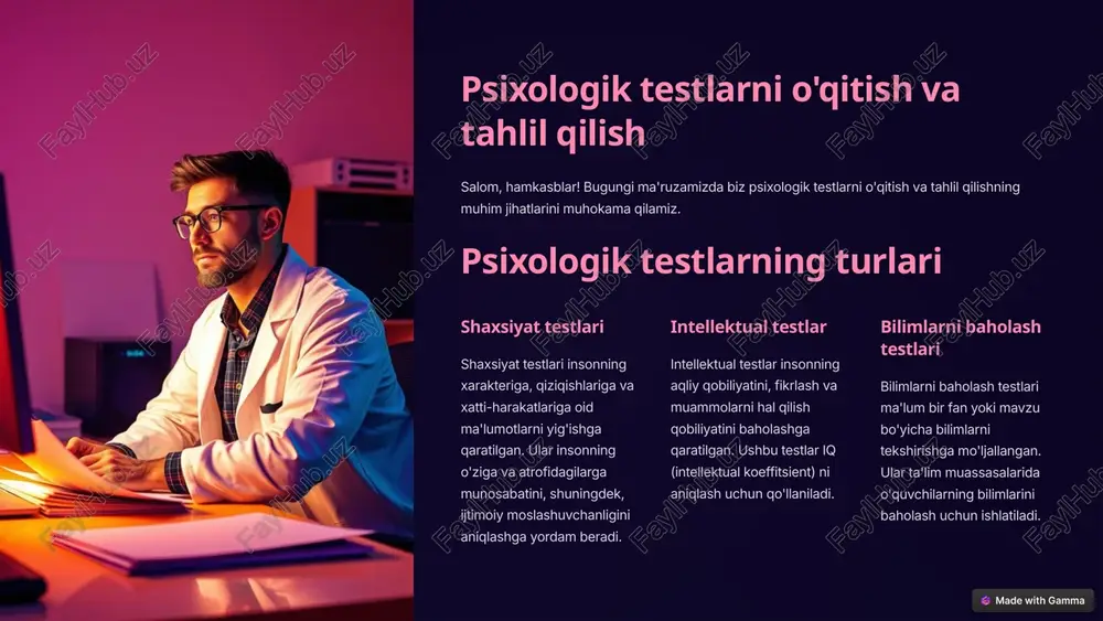ijalarini to'plash test o'tkazilgandan so'ng barcha test qatnashchilarining javoblari to'planadi. 2 natijalarni kiritish to'plangan natijalar maxsus dasturiy ta'minot yoki jadvallar orqali kiritiladi. 3 statistik tahlil kiritilgan natijalarga statistik tahlil qo'llaniladi, bu orqali testning ishonchliligini baholash mumkin. 4 natijalarni talqin qilish tahlil qilingan natijalar asosida test qatnashchilarining psixologik xususiyatlari talqin qilinadi. 5 test natijalarini talqin qilish standartlarga moslashtirish test natijalarini standartlarga moslashtirish kerak, ya'ni test qatnashchilarining natijalarini xuddi shu testni boshqa odamlar tomonidan o'tkazilgan natijalar bilan solishtirish kerak. individuallikni hisobga olish test natijalarini talqin qilishda test qatnashchilarining individualliklari, tajribalari va hayoti bilan bog'liq omillarni hisobga olish kerak. xulosa chiqarish test natijalarini talqin qilish natijasida test qatnashchisi haqida xulosa chiqarish mumkin, masalan, uning shaxsiyat xususiyatlari, intellektual qobiliyatlari va boshqalar haqida. 6 psixologik testlarni o'qitish va tahlil qilishning ahamiyati 1 tashxis qo'yish psixologik testlar turli ruhiy kasalliklarni aniqlashda muhim rol o'ynaydi. 2 davo rejasini tuzish test natijalari asosida samarali davolanish rejasini tuzish mumkin. …