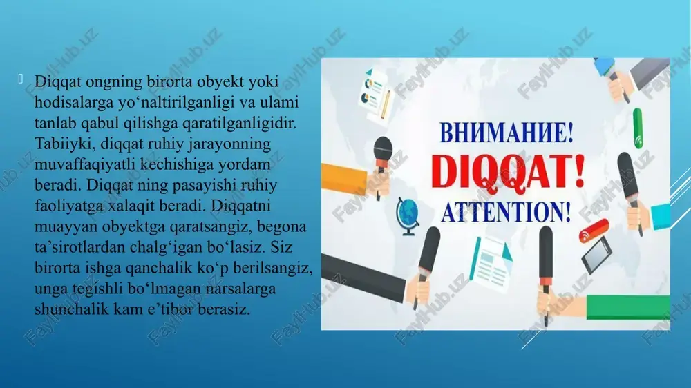yu, kitob o‘qib, varaqlami sanaganimizda, bayon ipini yo‘qotganimizni payqab qolamiz, xayolimiz esa kitob mazmunidan uzoqlashib, chalg‘ib ketadi. bu diqqatning ichki chalg‘iganligidir. bu yerda bizni ichki kechinmalar chalg‘itadi. diqqatning tashqi chalg‘iganligiga esa kitob o‘qish bilan bogliq bo‘lmagan tashqi ta’sirlar: eshiklaming taraqlashi, uzuq-yuluq gaplar va hokazolar kiradi. toliqish, materialni tushunmaslik, obyektga qiziqish yo'qligi diqqat chalg‘iganligining sabablaridan sanaladi. bundan tashqari, kuchli kechinmalar, ushalmagan orzu-niyatlar ichki chalg‘iganlikda alohida ahamiyat kasb etadi. ular miyada qo‘zg‘alish o‘chog‘ini yaratadi. o‘tmishda idrok qilingan narsa va hodisalarni, tajribani eslab qolish, esda saqlash, esga tushirish hamda unutish kabi ruhiy jarayonlarga xotira deb aytiladi. xotiraning uch asosiy funksiyasi farq qilinadi eslab qolish (esda olib qolish), esda saqlash esga tushirish esda olib qolish muddatiga qarab qisqa va uzoq muddatli xotira farq qilinadi. har qanday axborot avvaliga qisqa muddatli xotira sifatida saqlanadi. agar miya tuzilmalarida ma’lumot zarurligi to‘g‘risida «qaror» qabul qilinsa, u uzoq muddatli xotiraga aylanadi. aks holda, qisqa muddatli xotiraligicha qolaveradi, ya’ni …