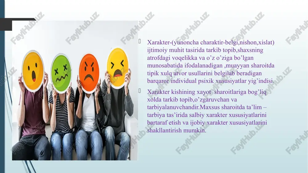 akter xislatlarini o‘zi yaratadi va ularni boshqarishga odatlanadi. odatda xarakter quyidagi jihatlarni o'z ichiga oladi: temperament: shaxsning tabiiy fe'l-atvori. qiziqishlar: shaxsning nimalarga intilishi va nimalarga qiziqishi. odatlar: shaxsning muntazam ravishda qiladigan xatti-harakatlari. maqsad va intilishlar: shaxsning hayotiy maqsadlari va ularga erishish uchun qiladigan harakatlari. temperament: sangviniklar--- chaqqon, tirishqoq, mehribon, ta’sirchan kishilardir. ular tevarak-atrofga tez moslashadi. reaksiyalari yetarlicha kuchli yoki o‘rtamiyona bo‘ladi. ular bilimni tez va osongina o‘zlashtirsalar-da, hammavaqt ham puxta egallamaydilar. muomalada ular ko‘proq shirinsuxan, gapdon odamlardir. sangviniklar ishga osongina berilib ketib, jadal ishlashga qodir bo‘lishadi, lekin muntazam ravishda mehnat qilishga ancha qiynaladilar. shu bilan birga ular tirishqoq va faol bo‘ladilar, boshqalar bilan osongina muloqotga kirishadilar. sangvinik temperament, ayniqsa, bolalarda yaqqol namoyon bo‘ladi. xoleriklar---his-hayajonga beriluvchi odamlardir. ularning o‘ziga xos xususiyati jizzakilik va beqarorhkdir. xoleriklar faol, ishchan va to‘xtovsiz reaksiyali odamlardir. ular bir maromda ishlay olishmaydi, goh g'ayrat bilan, goh imillab ishlashadi. shuning uchun ham ehtiyot- korlik, sabr-toqat va chidam talab …
