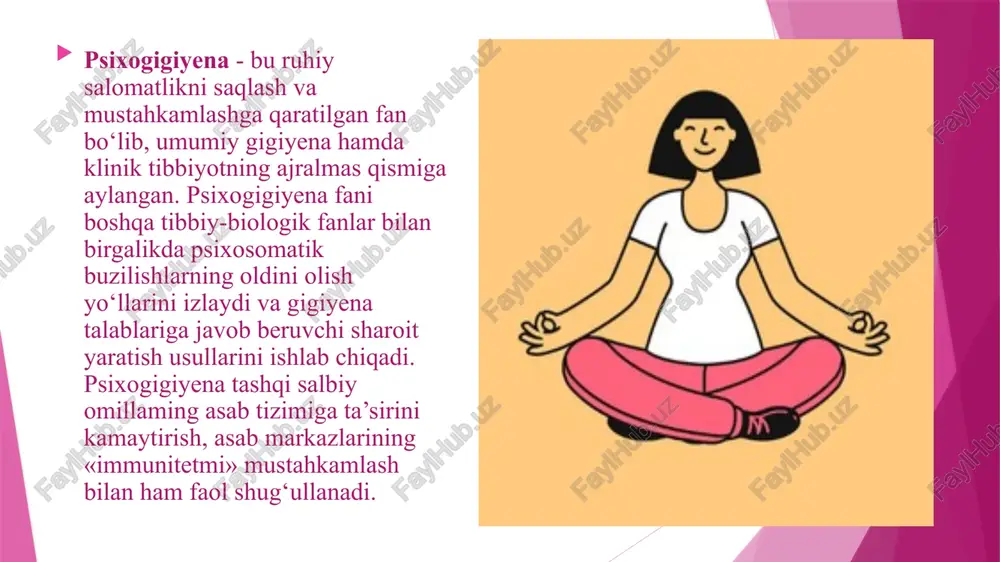 agi turlarga bo‘linadi. yoshga oid; aqliy va jismoniy mehnat; o’rganish va o‘rgatish; oila va jinsiy hayot; turmush bemor psixogigiyenasi. yoshga oid psixogigiyena bolalik. davridan, ya’ni chaqaloq tug‘ilgan davrdan boshlanishi kerak. chunki insonning shaxs sifatida shakllanishi juda erta boshlanadi. bolaning yashash faoliyati o‘yinlarga asoslangan boiadi. uning idroki yoshiga mos boiadi. bola o‘zi qiziqqan narsa bilan shug‘ullanadi. bolaning yonida ehtiyot bo‘lib gapirish, uni to'g'ri yo‘iga boshlash, kamchiliklarini o‘z vaqtida tuzatib borish o‘ta muhimdir. bolani qattiqqo‘llik bilan emas, faqat uqtirish yo‘li va tayinlash bilan tarbiyalash mumkin. bolani ortiqcha erkalatib yuborish, uning aytganini qilaverish, talablarini bajaraverish ham yaxshi oqibatlarga olib kelmaydi, u qaysar, o‘jar, ota-onani hurmat qiimaydigan bo‘lib o‘sadi. bolani uning yoshiga mos turli o‘yinlar bilan mashg‘ul qilish kerak. uni teatr, sirk va hayvonot bog‘lariga olib borish, tabiat qo‘ynida tarbiyalash, bolaning sinxron rivojianishida juda muhim ahamiyat kasb etadi katta yoshdagilar psixogigiyenasi, ko‘pincha, kishining egallab turgan lavozimi, kasbi va ish faoliyatiga bog'iiq. bu davrda oila …