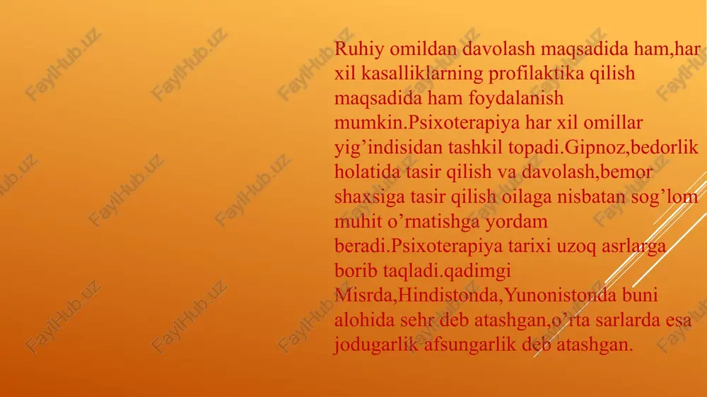 i .qo;l oyoqlaringiz og’ir tortib ,juda uyqingiz kelayapti.fikrlaringiz xiralashib ,chalkashib kelmoqda .hamma g’am tashvish va hayajonlar sizni tark etgan.mudroq bosib orom olmoqdasiz.sizni tobora ko’proq tobora ko’proq uyqu bosmoqda .uxlay qoling uxlay qoling. so’z bilan uxlatish oxirida bazan 10yoki 20gacha sanaladi. ikkinchi usul bir ohangdagi tovushlar bilan.masalan:soatning chiqillashi. yorug’lik tasurotlari.masalan:ko’k lampochkaning o’chib yonishi. issiqlik tasurotlari bilan.masalan:tananing boshidan oyog’iga isitadigan lampa qo’yiladi. bazan uxlatish shifokorning qo’lidagi yaltiroq sharchaga yoki nevrologiya bolg’achasining uchiga tikilb qarashni bemorga tklif etish bilan boshlanadi.bemor ko’zini tez charchatish uchun shunday qilinadi.bir necha o’n sekunddan keyin ,odatda ,bemor ko’z qovoqlari og’ir tortib yumilib qoladi. gipnotik holat yuzaki,o’rtacha va qattiq gipnozga bo’linadi. yuzaki gipnoz-ko’z qovoqlar va qo’l oyoqlar og’ir tortib ,mudrqo bosadigan ,ko’pincha puls va nafas siyraklanib qoladigan holatdir.gipnoz seansidan keyin kasal bo’lib o’tgan hamma hodisalarni eslab qoladi. o’rtacha gipnoz-yengil uyqudir,kasal ko’zini ocholmaydi,so’z bilan tasir ko’rsatib,harakat sferasi bilan sezgi sferalarida o’zgarishlar keltirib chiqarish mumkin.o’rtacha gipnozdan keyin ham seans vaqtida ro’y …